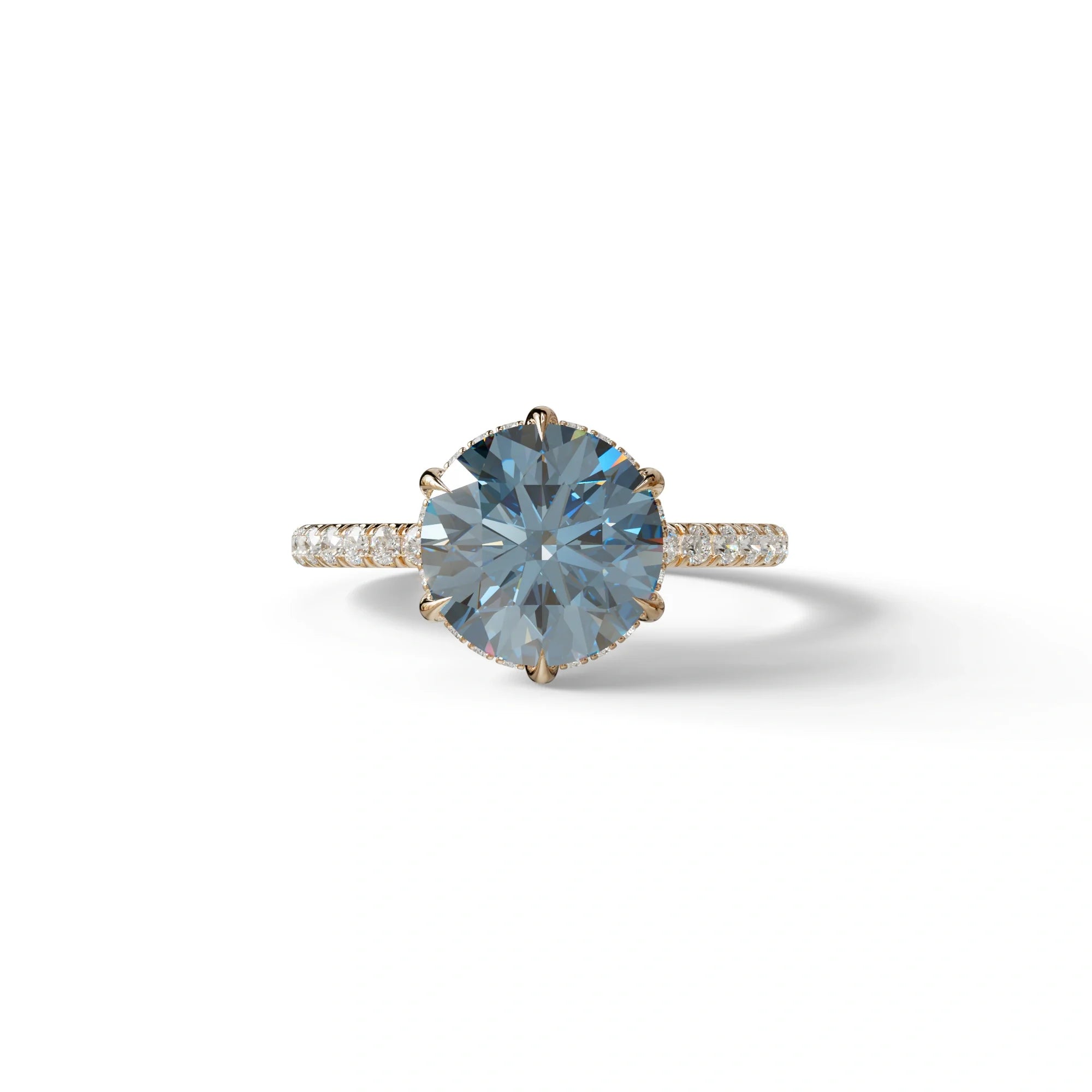 2.5 Carat Blue Round Cut Hidden Halo & Pave Lab Diamond Ring - Hyper Saga - 10K Solid Gold / Rose Gold