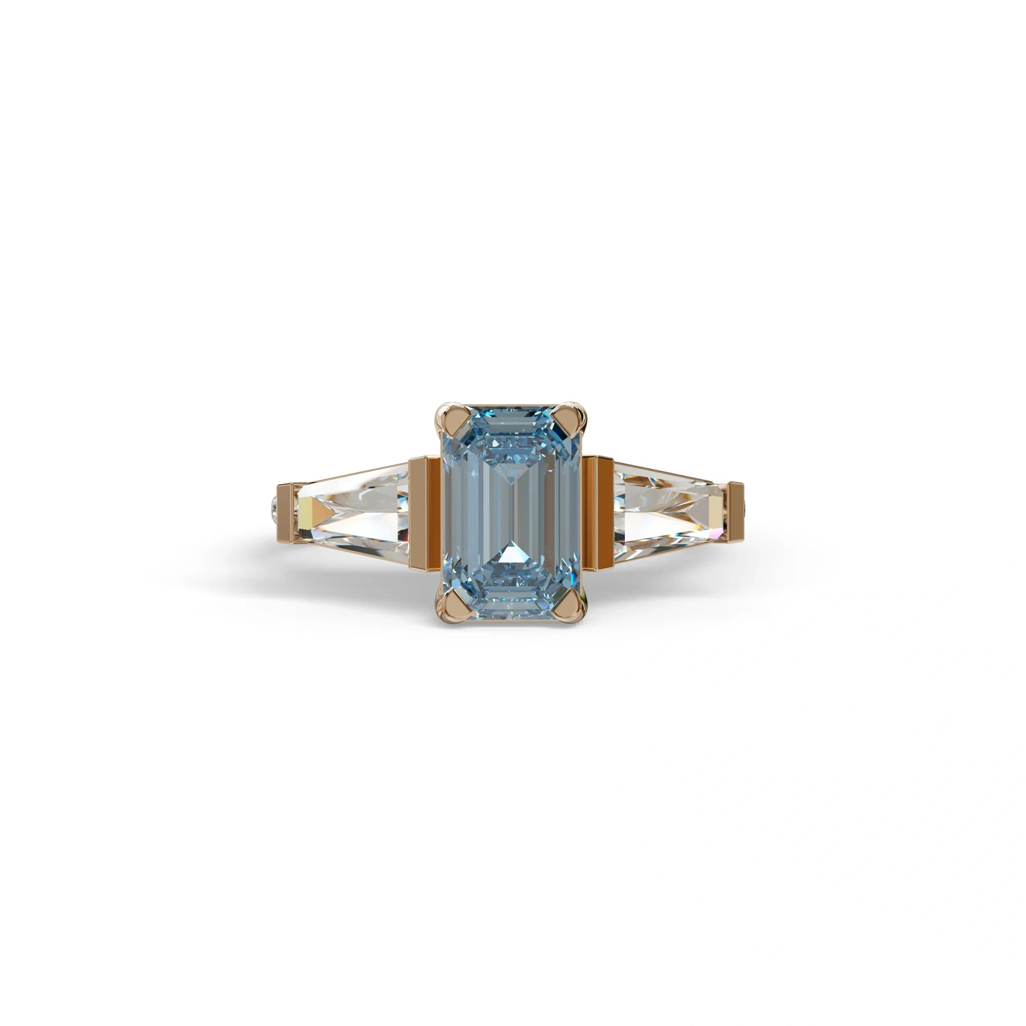 1.50 Carat Blue Emerald with Tapered Cut Lab Grown Diamond Ring - Libra - 10K Solid Gold / Rose Gold