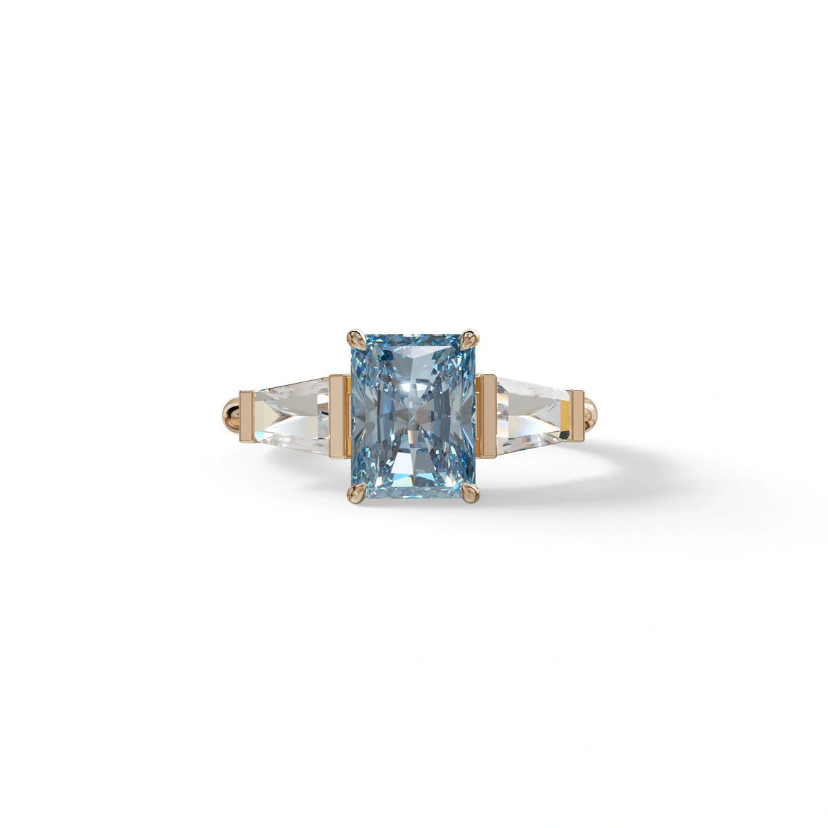 3Ct Vivid Blue Radiant Cut Lab Grown Diamond Three Stone Engagement Ring - Yana - 10K Solid Gold / Rose Gold