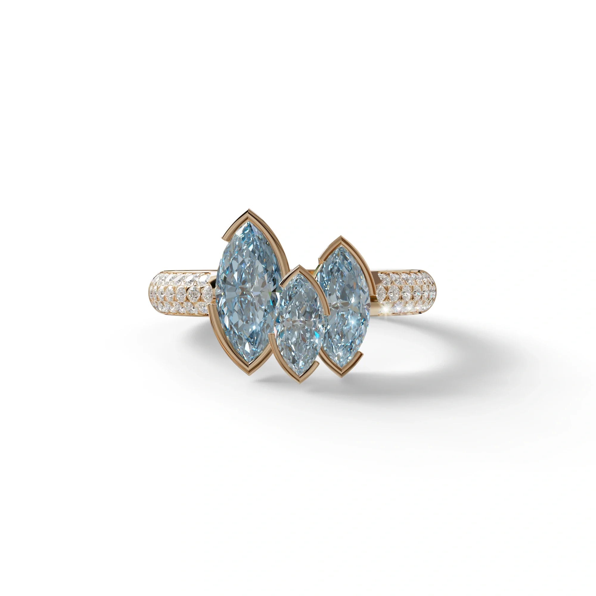 3 Stone 1.75 Ct Blue Marquise Cut Pave Setting Lab Diamond Ring - Dutch - 10K Solid Gold / Rose Gold