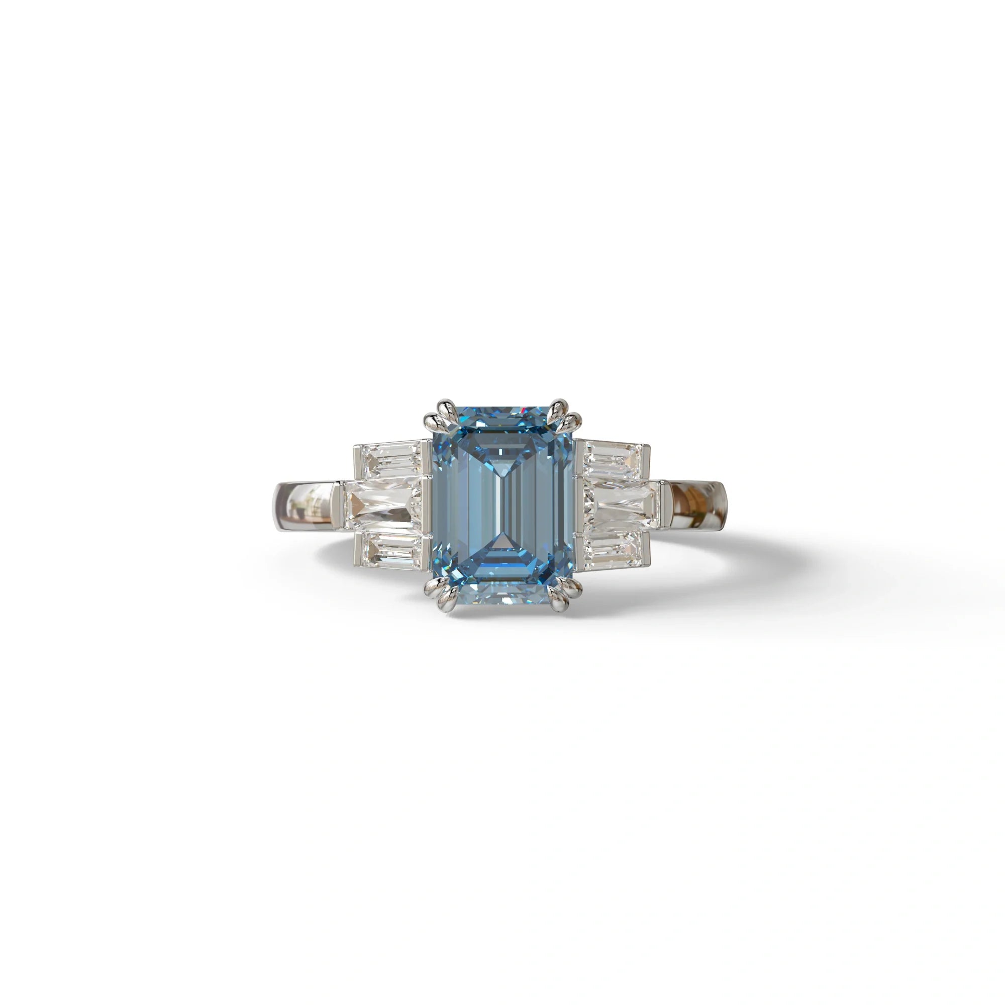 3 Carat Emerald Cut Blue Lab Diamond Engagement Ring - Leela - 10K Solid Gold / White Gold