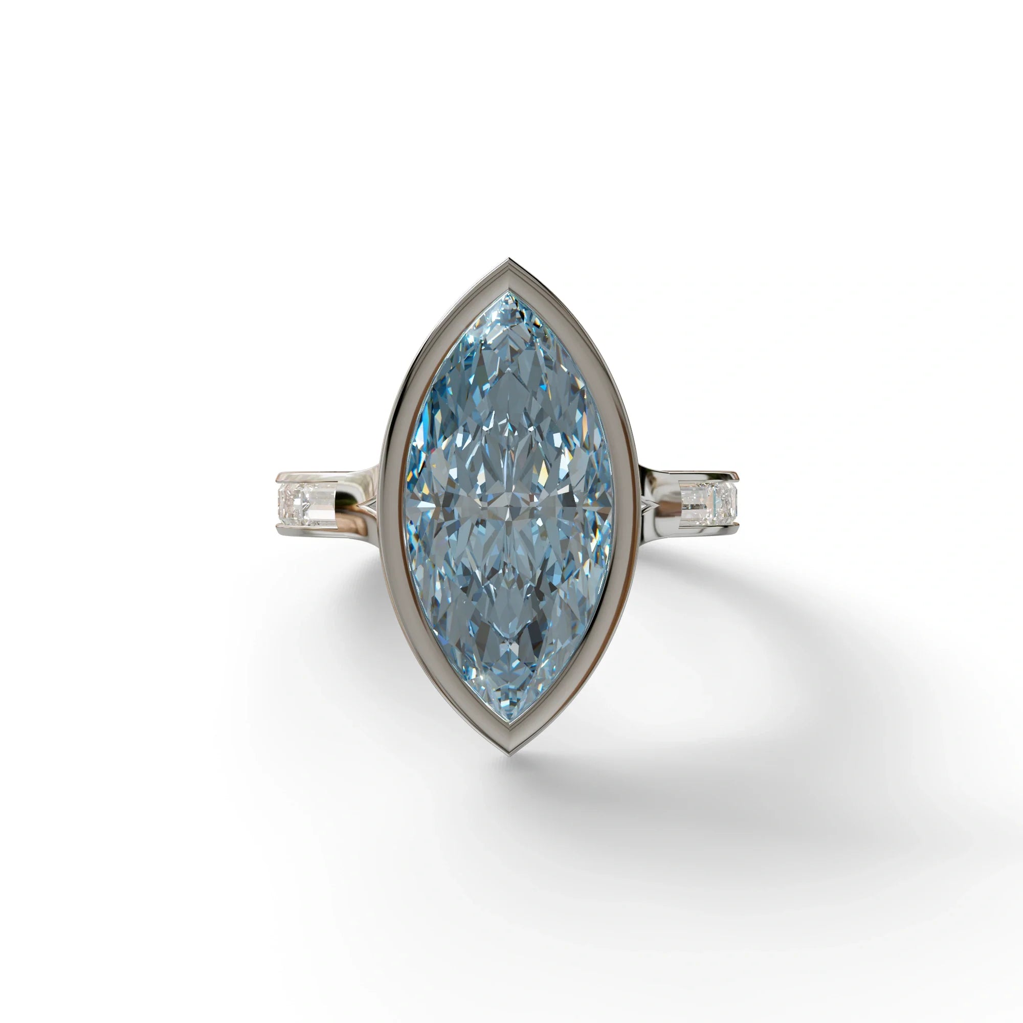 3 Ct Marquis Cut Blue Color Lab Diamond Ring With Bezel Set - Kayla - 10K Solid Gold / White Gold
