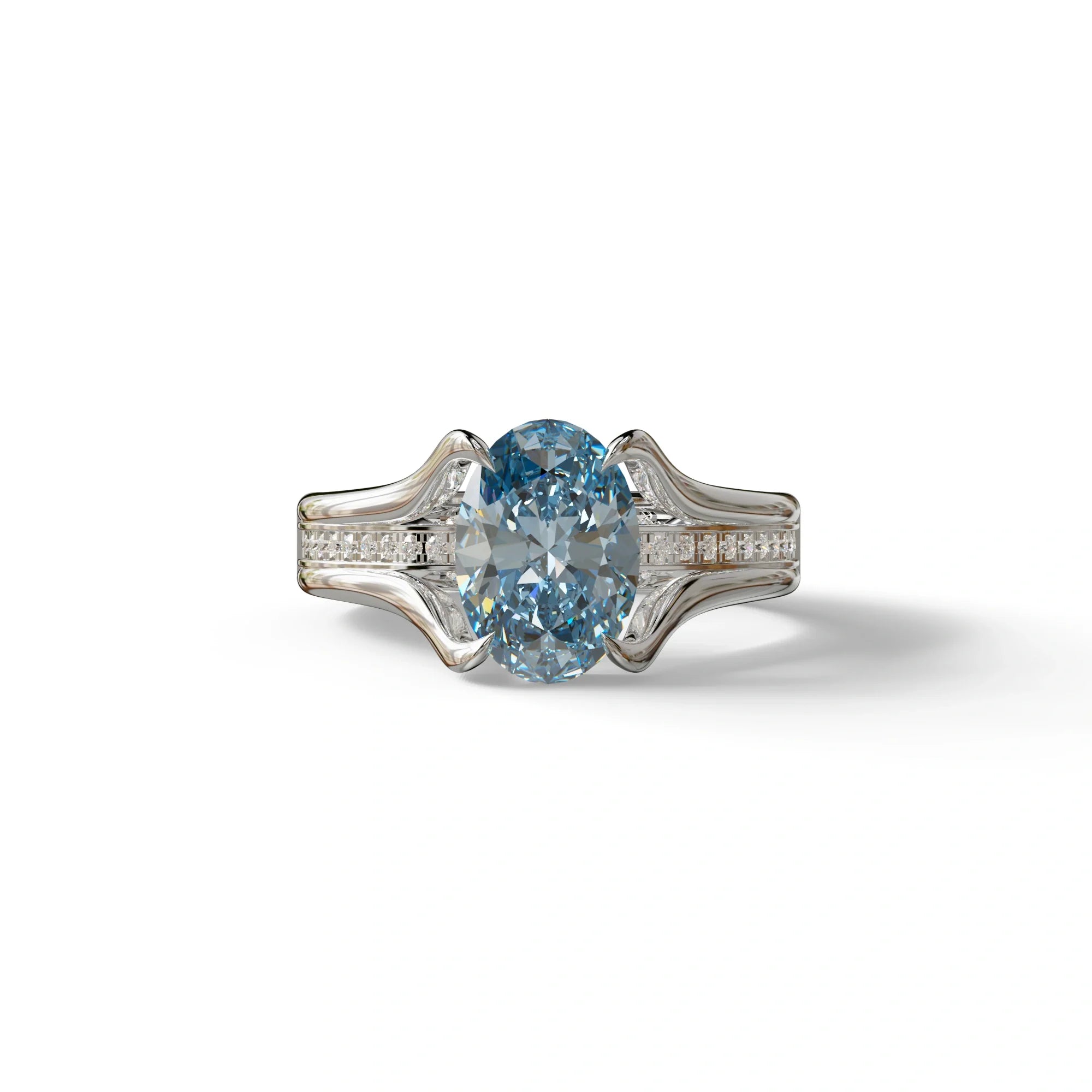 3 Carat Blue Oval Cut lab Diamond Engagement Ring Unique Design Ring- Beverly - 10K Solid Gold / White Gold