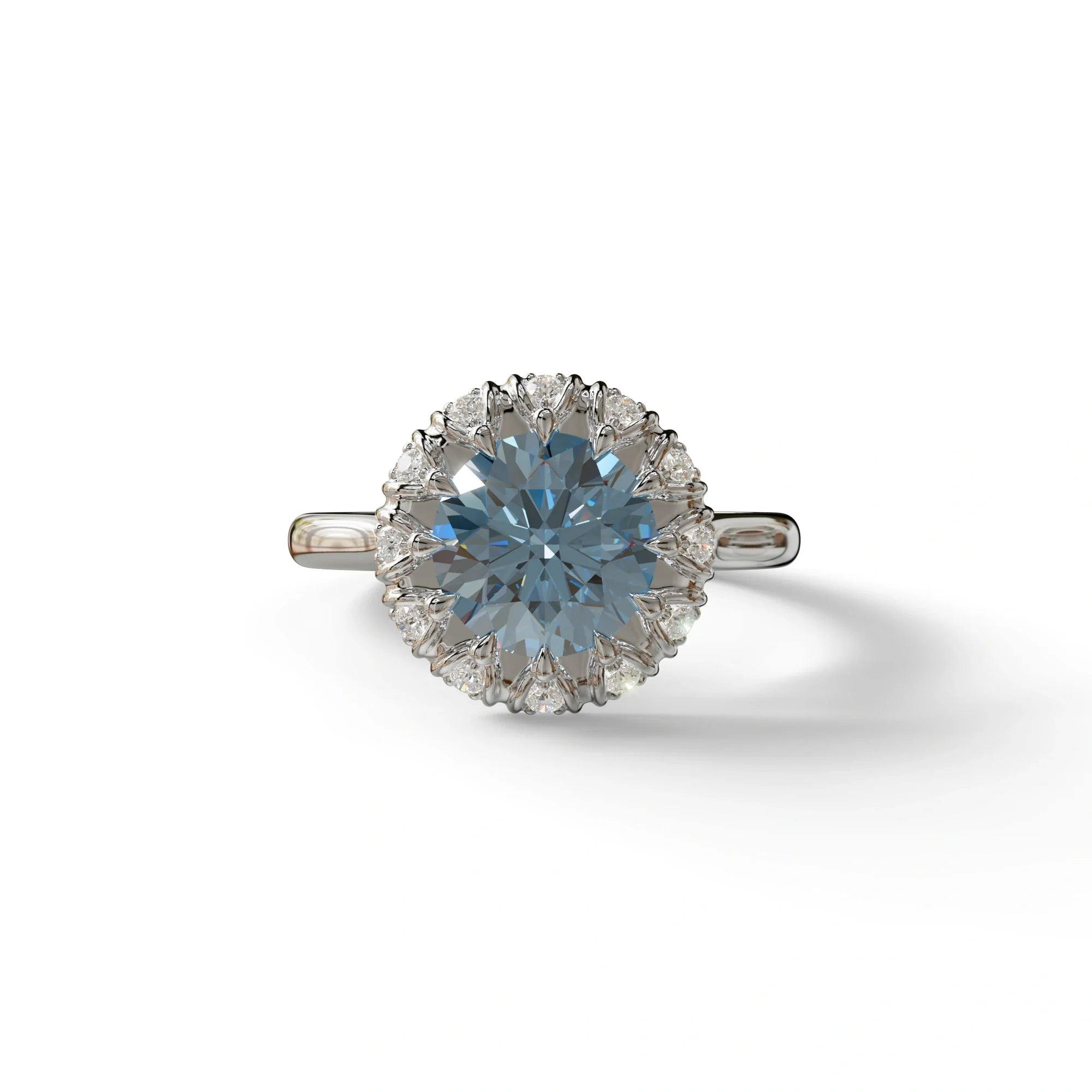 3 Carat Blue Round Shaped Halo Lab Diamond Ring - Sunflower - 10K Solid Gold / White Gold
