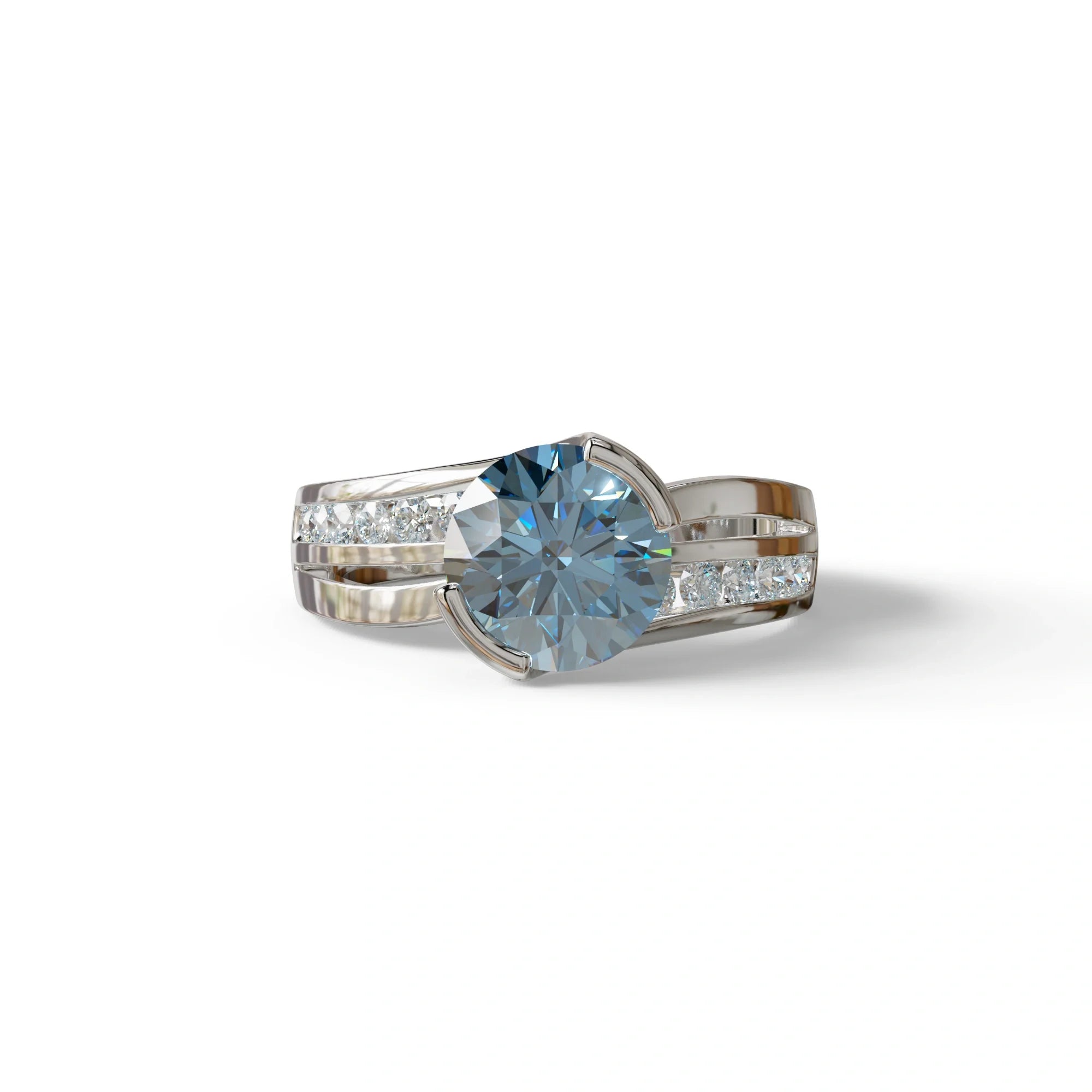 2 Carat Blue Round Shaped Channel Set Lab Diamond Engagement Ring - Avonlea - 10K Solid Gold / White Gold