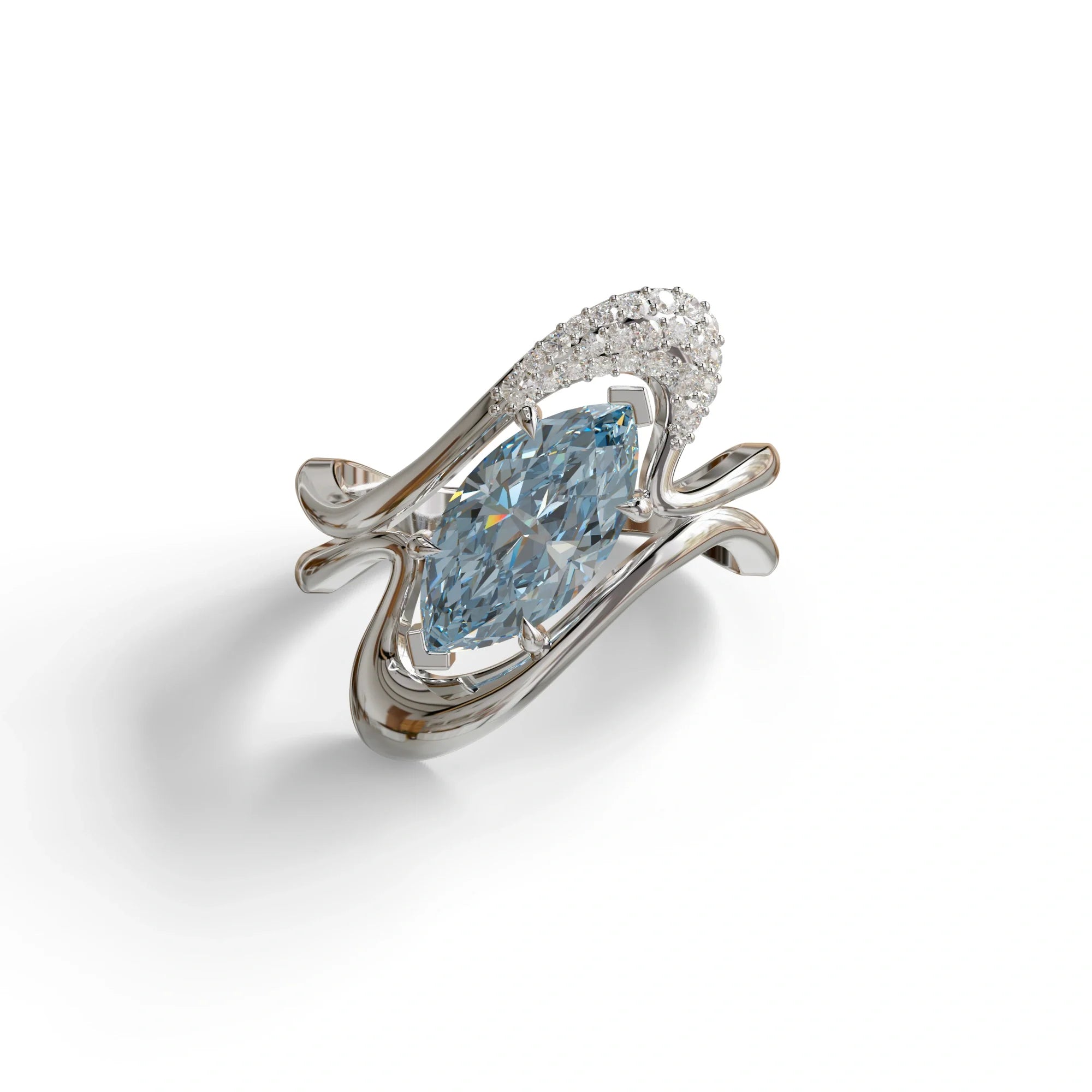 3 Carat Marquise Cut Blue Lab Diamond Curve Ring - Myka - 10K Solid Gold / White Gold