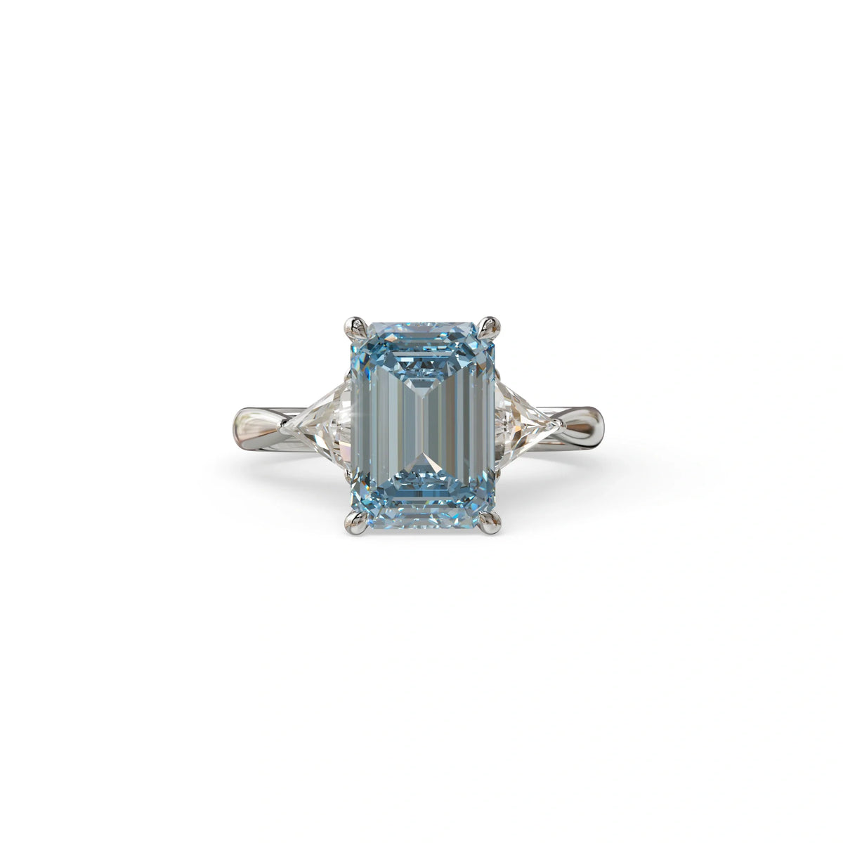 3Ct Vivid Blue Emerald Cut Lab Grown Diamond Three stone Engagement Ring - Polaris - 10K Solid Gold / White Gold