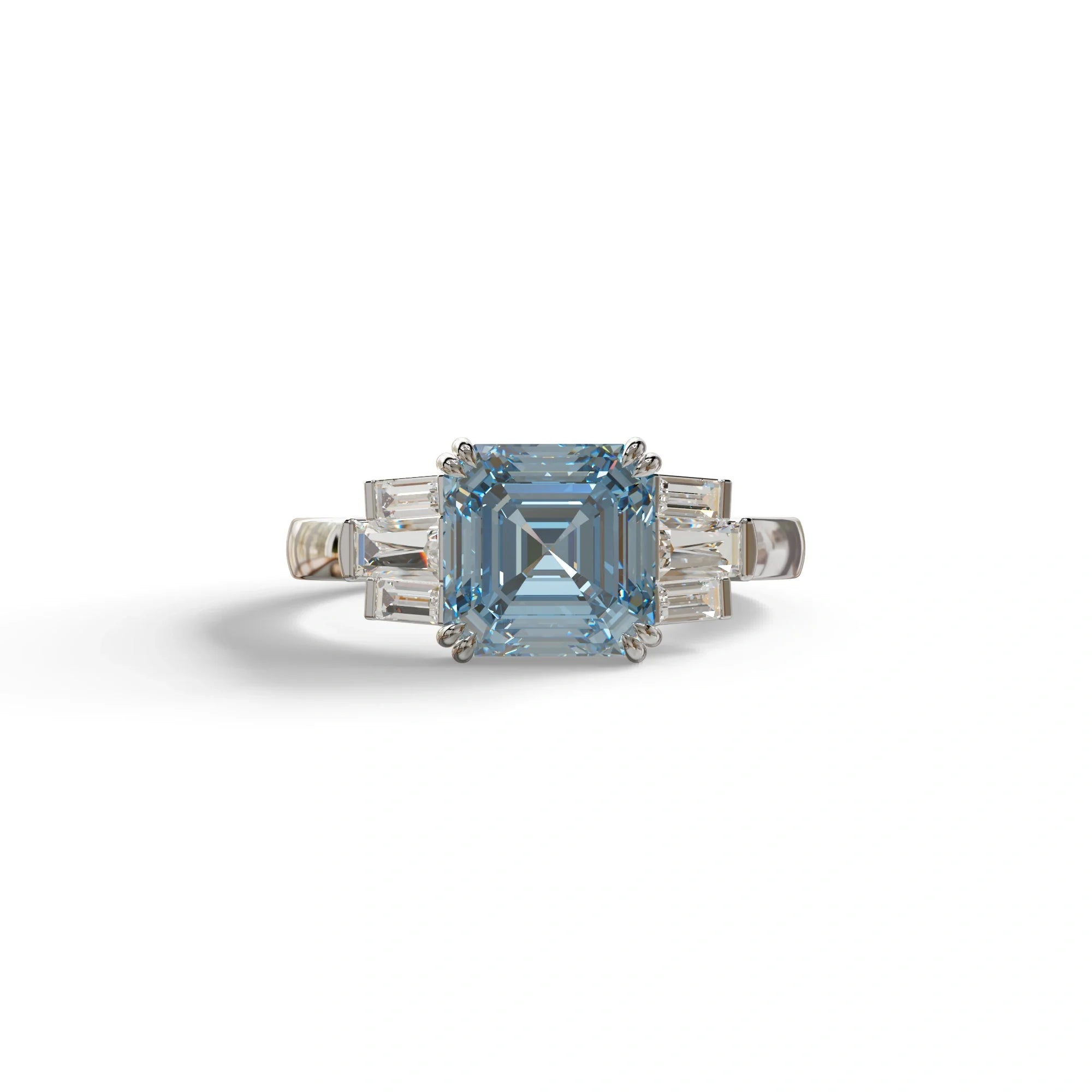 3 Ct Blue Asscher Cut Lab Diamond Double Claw Prong Setting Ring - Celestial - 10K Solid Gold / White Gold