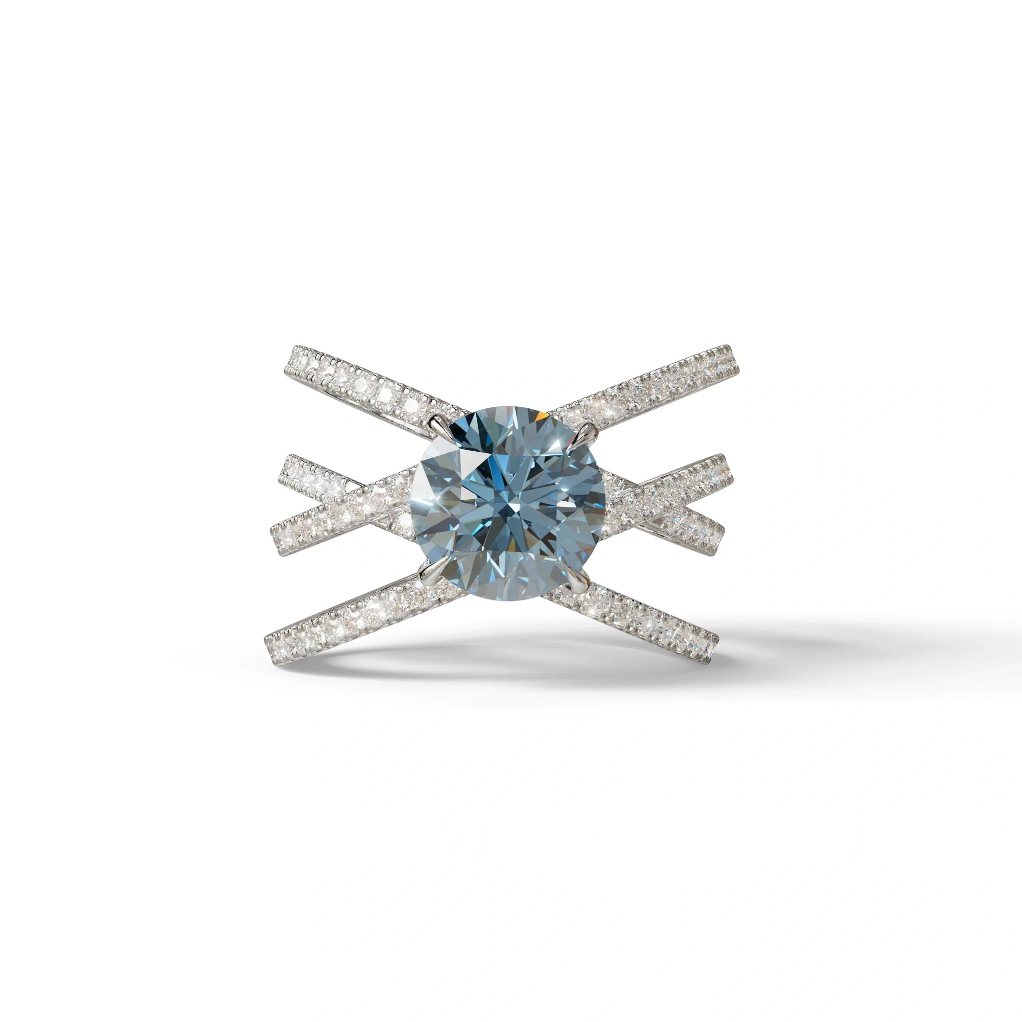 1.5 Carat Blue Round Cut Criss Cross Lab Diamond Ring - Elegant - 10K Solid Gold / White Gold