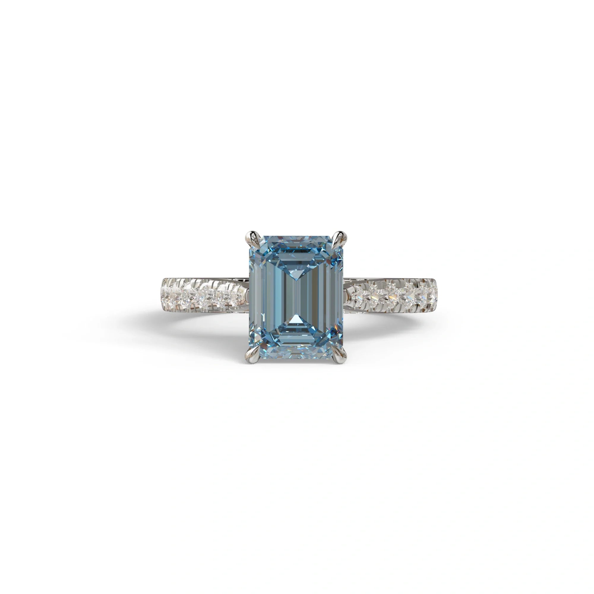 2 Carat Blue Emerald Cut Hidden Halo & Pave Lab Diamond Ring - Siara - 10K Solid Gold / White Gold