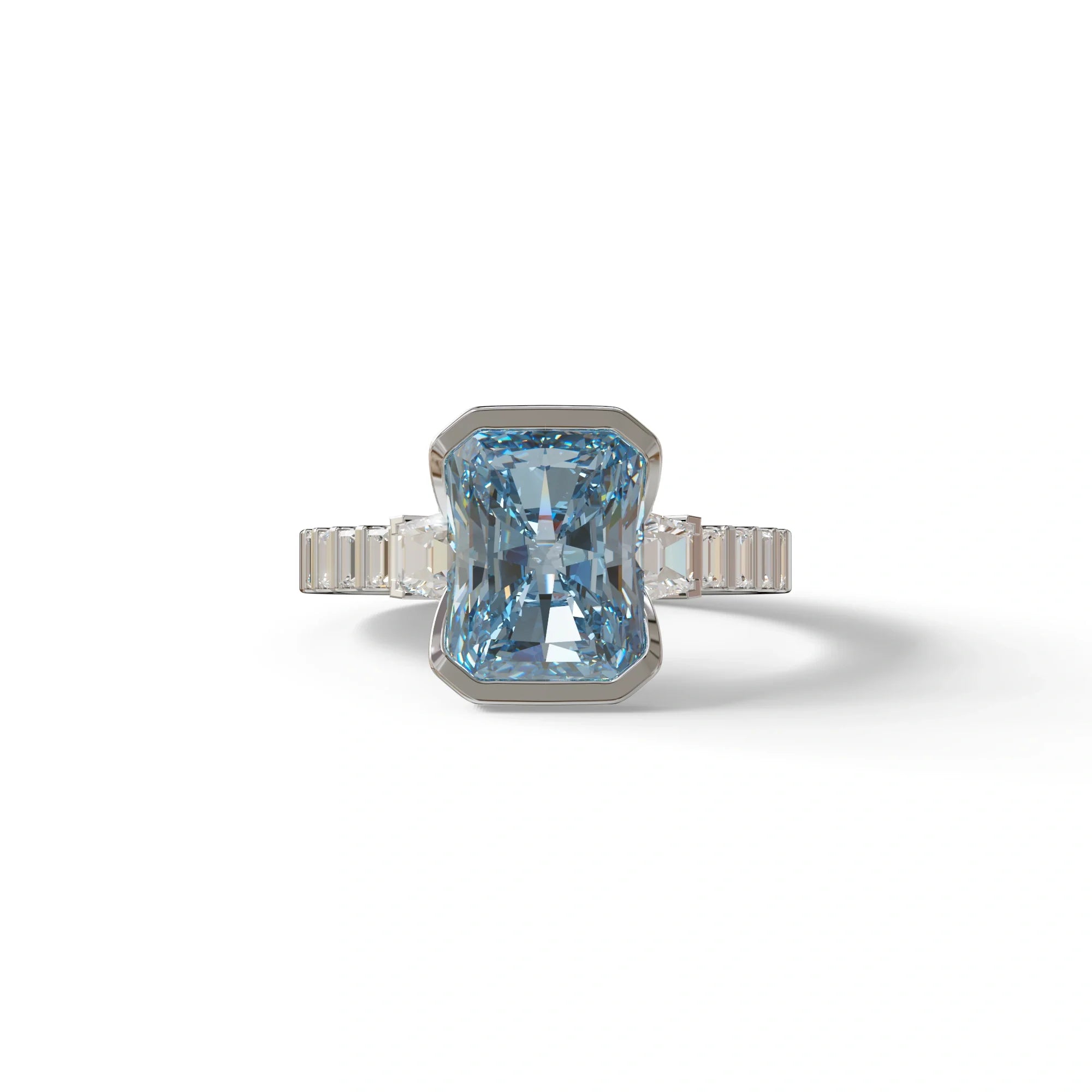 3 Carat Fancy Vivid Blue Radiant Cut Lab Diamond Engagement Ring | Three Stone Bezel Set Ring- Adiamor - 10K Solid Gold