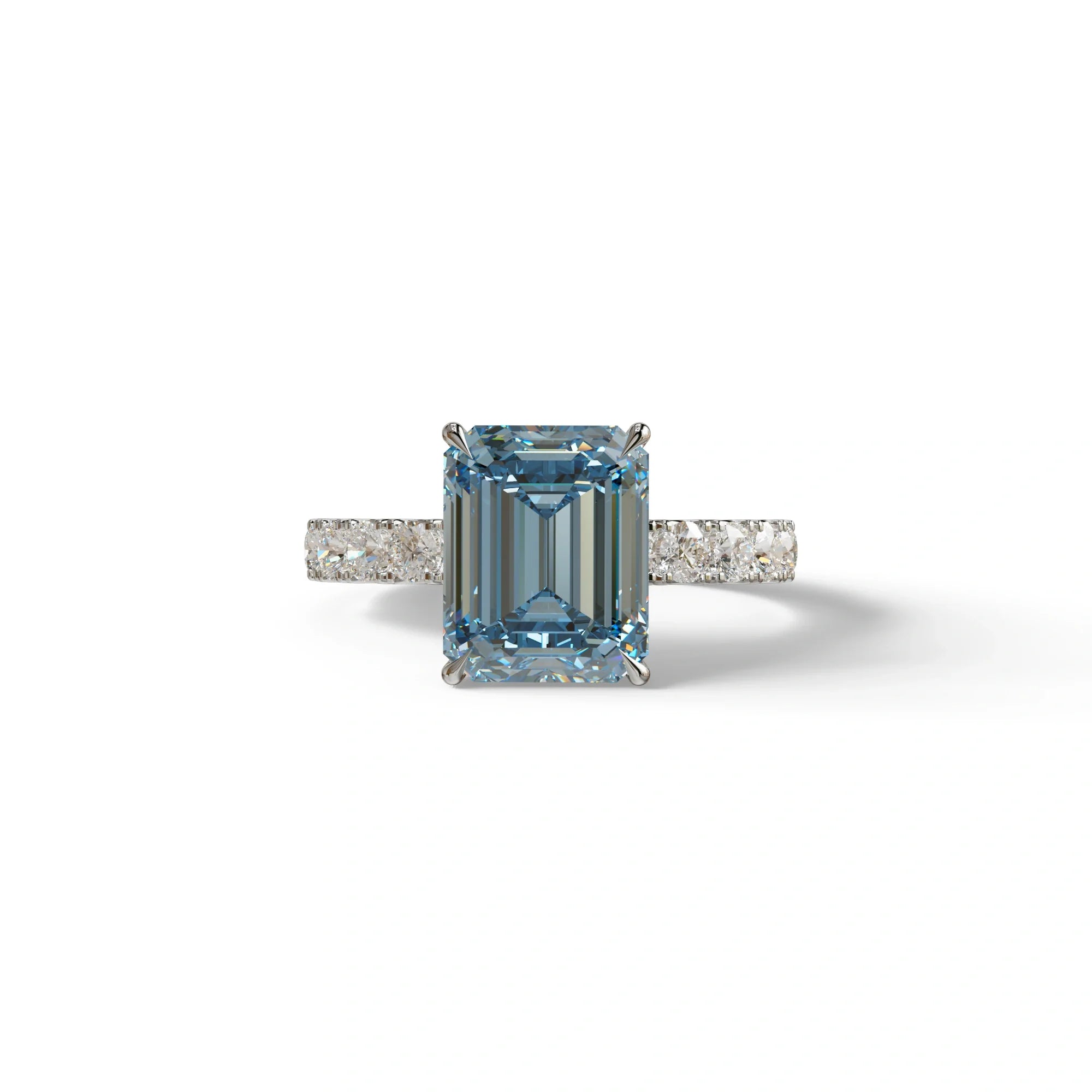 3 Carat Blue Emerald Cut Hidden Halo Lab Diamond Engagement Ring - Luminary - 10K Solid Gold / White Gold