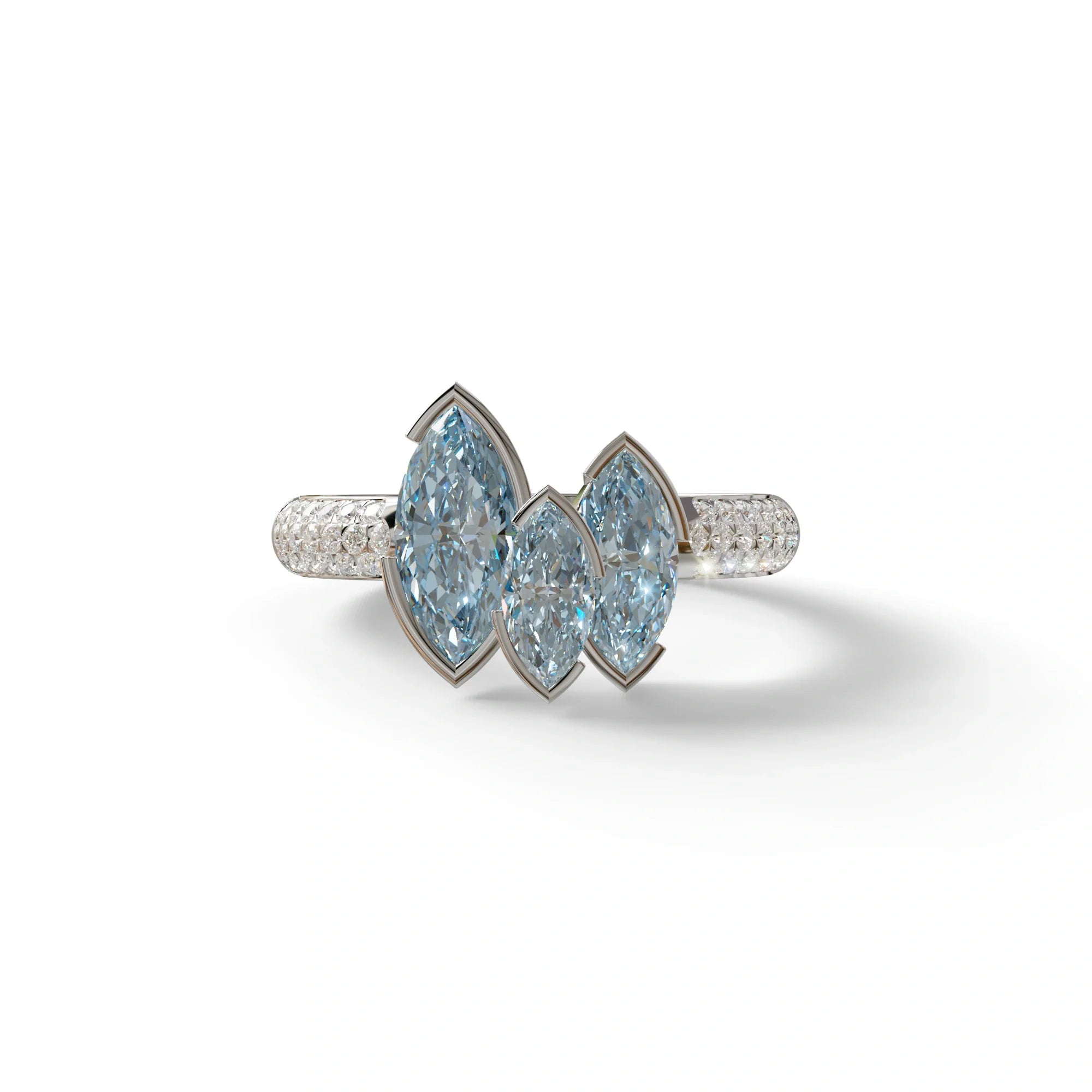 3 Stone 1.75 Ct Blue Marquise Cut Pave Setting Lab Diamond Ring - Dutch - 10K Solid Gold / White Gold