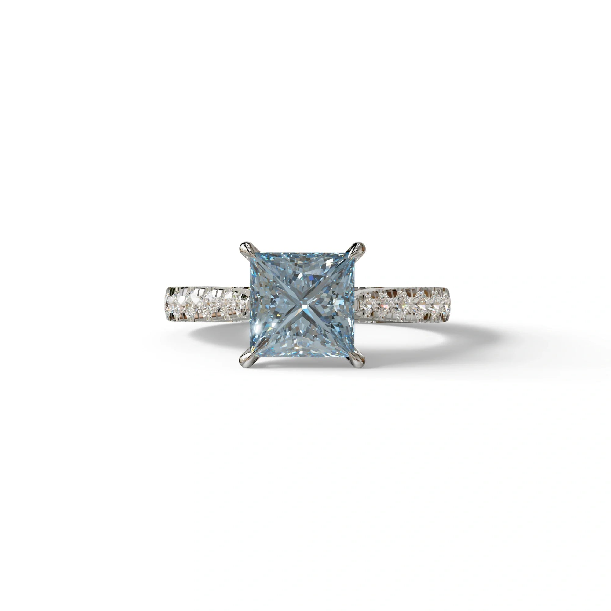 2.5 Carat Blue Princess Cut Hidden Halo & Pave Lab Diamond Ring - Aries - 10K Solid Gold / White Gold