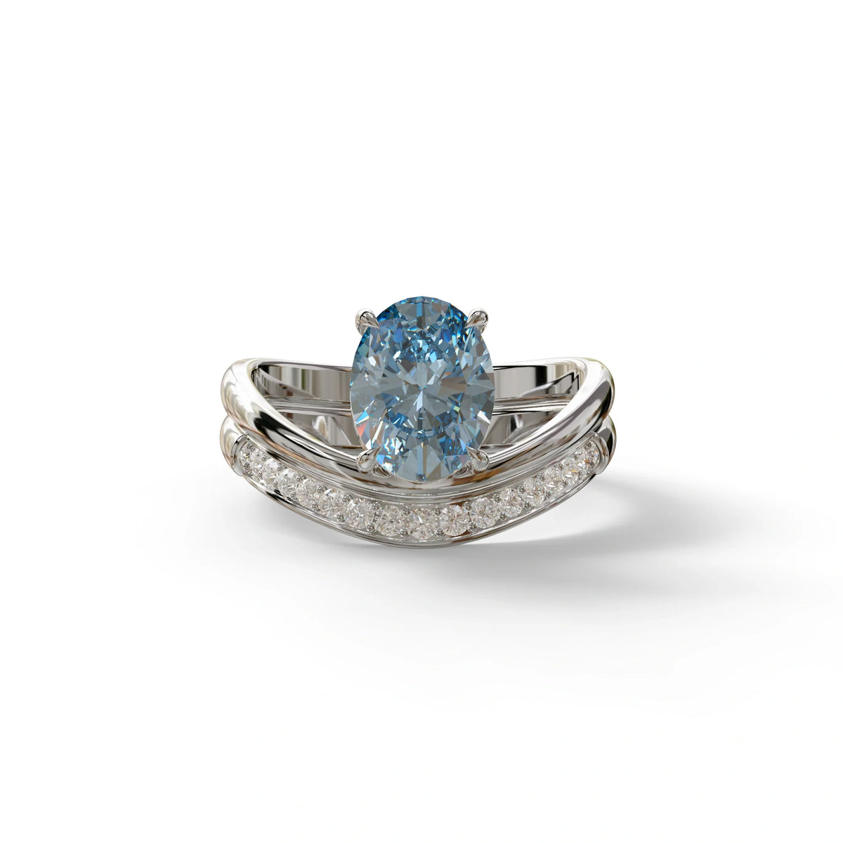 2 Carat Fancy Blue Oval Cut Lab Grown Diamond Ring | Curve Setting - Brilliance - 10K Solid Gold / White Gold