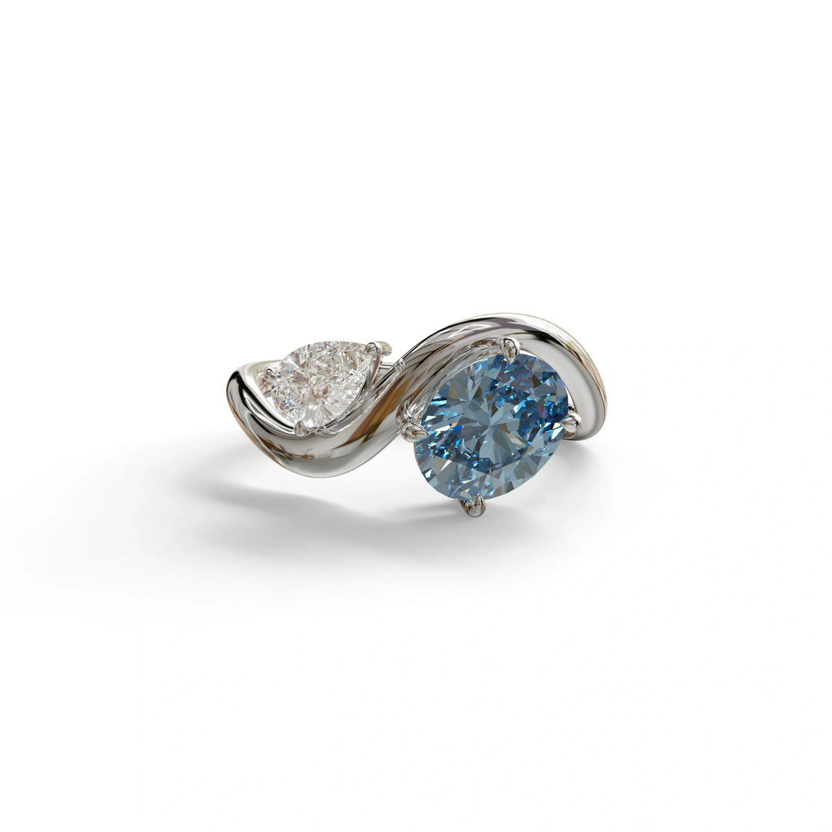 3 Carat Blue Oval and Pear Cut Lab Diamond Engagement Ring - Toi Et Moi - 10K Solid Gold / White Gold