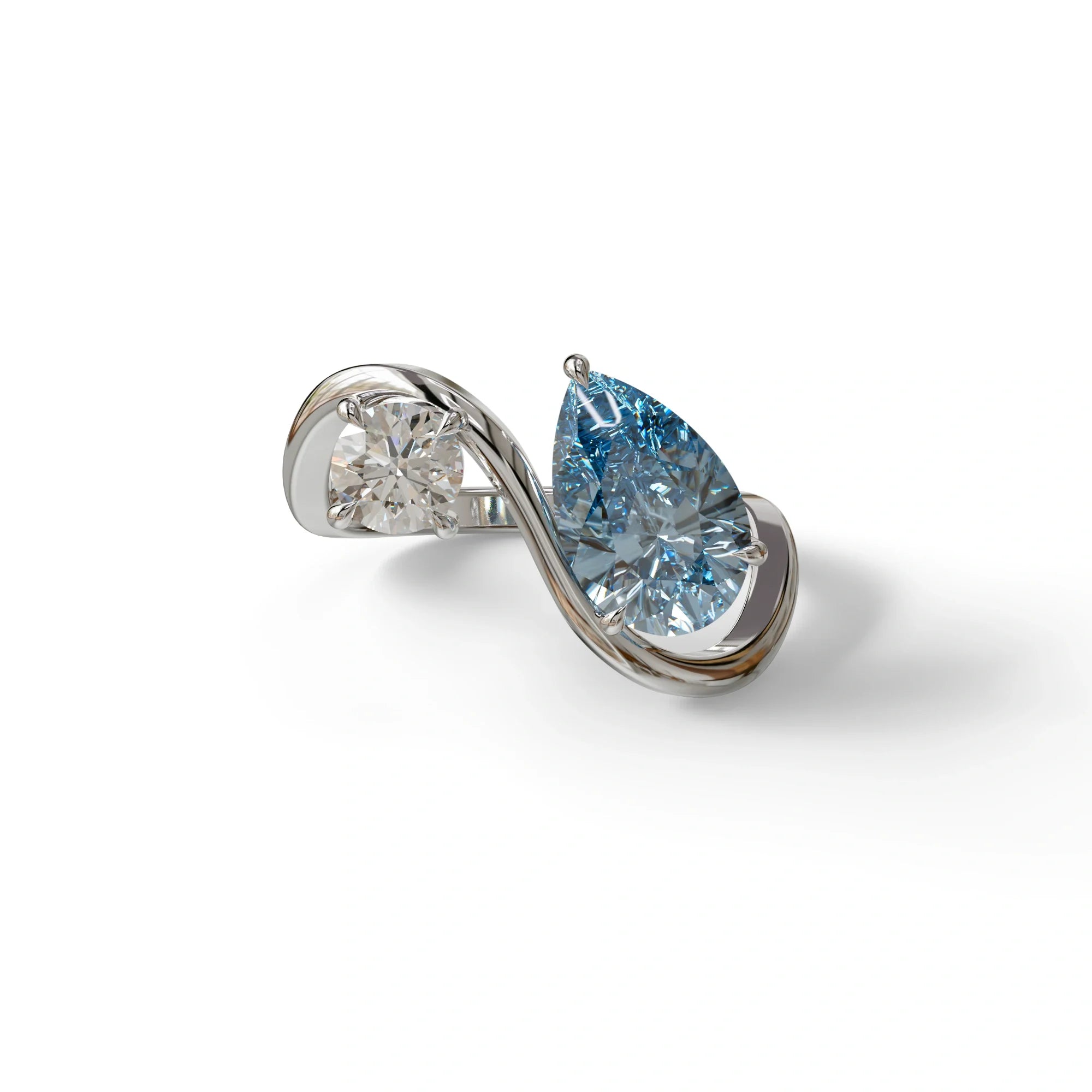 2.8 Carat Blue Pear and Round Cut Lab Diamond Engagement Ring - Toi Et Moi - 10K Solid Gold / White Gold