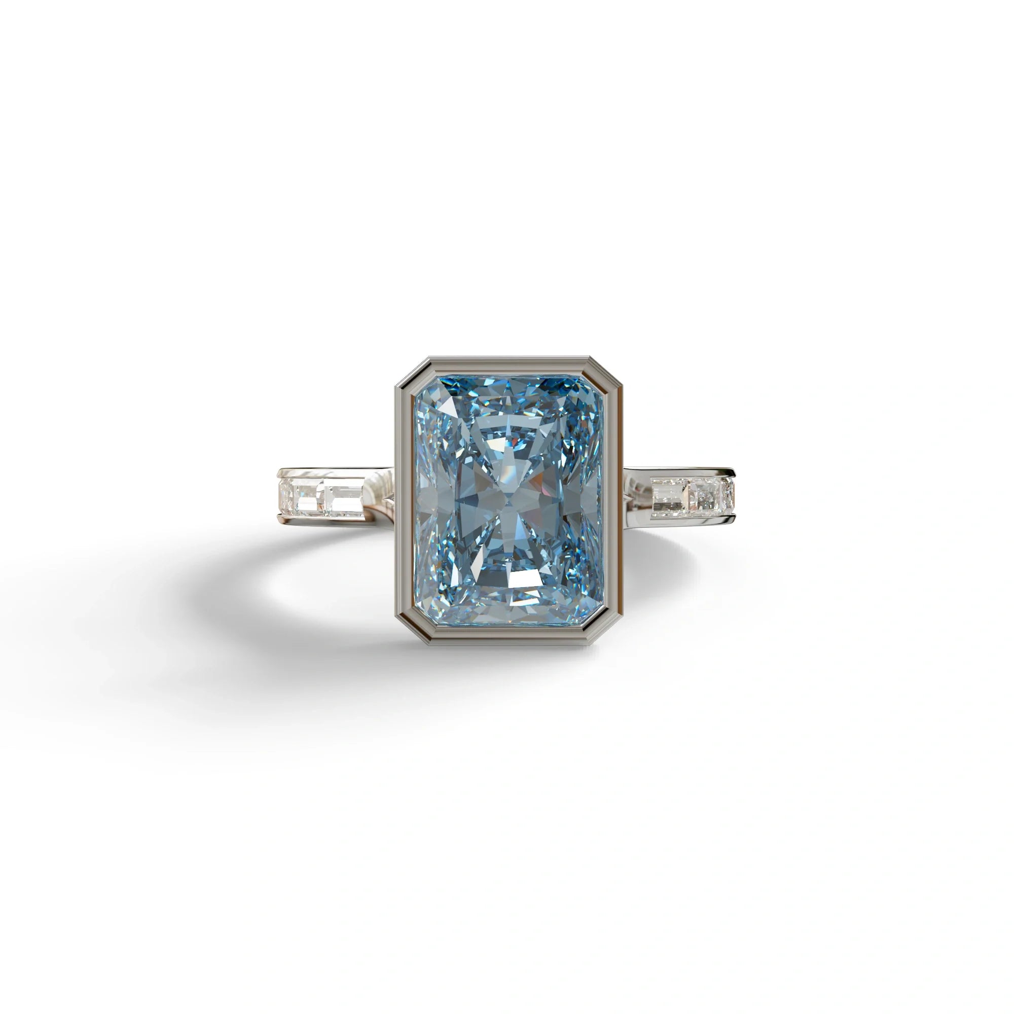 3 Ct Radiant Cut Blue Color Lab Diamond Ring - Olympia - 10K Solid Gold / White Gold