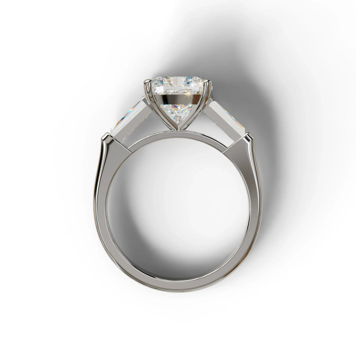 3 Carat E-VVS Cushion & Tapered Baguette Three Stone Engagement Ring