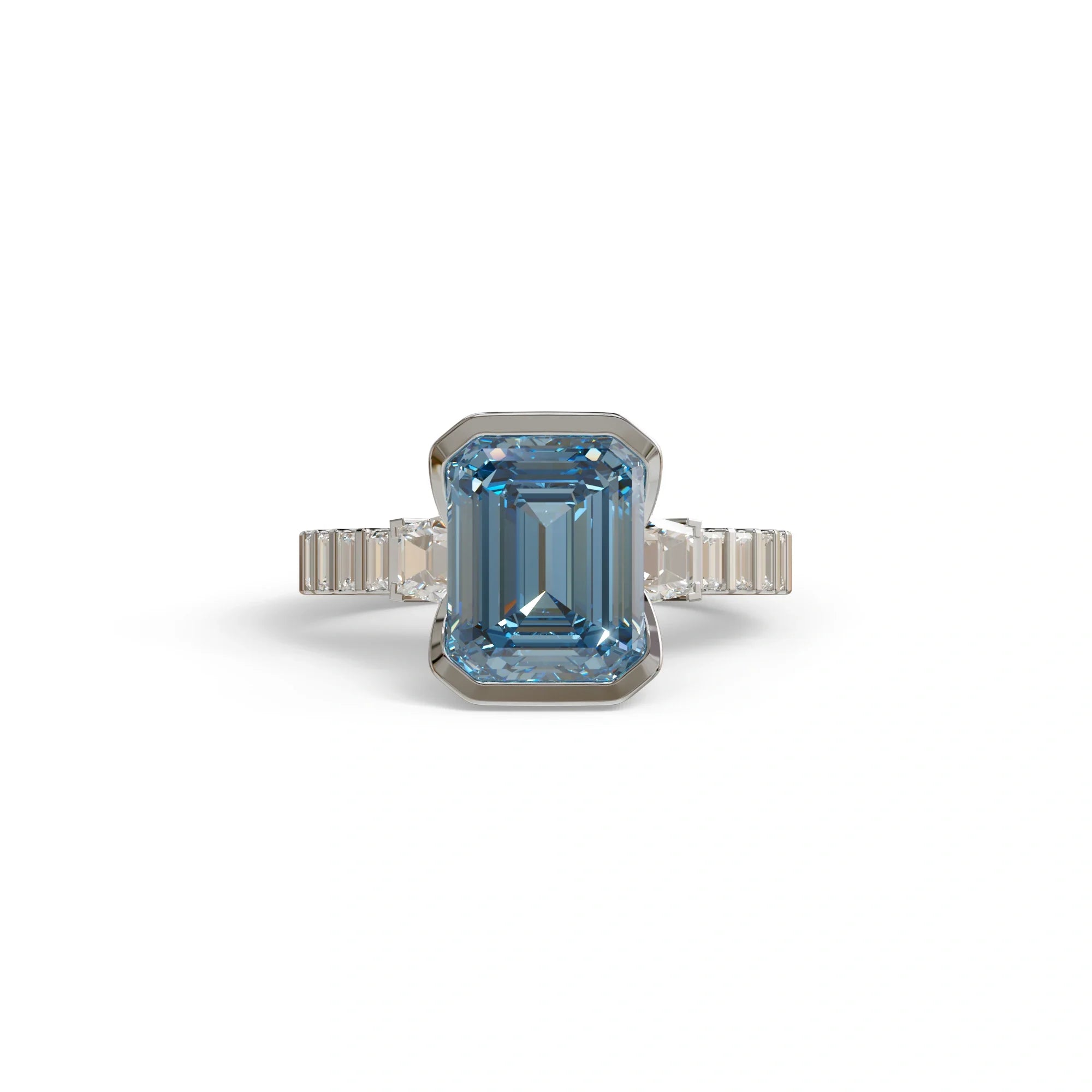 3 Carat Blue Color Emerald Cut Three Stone Lab Diamond Engagement Ring | Bezel Setting Ring - Gatsby - 10K Solid Gold
