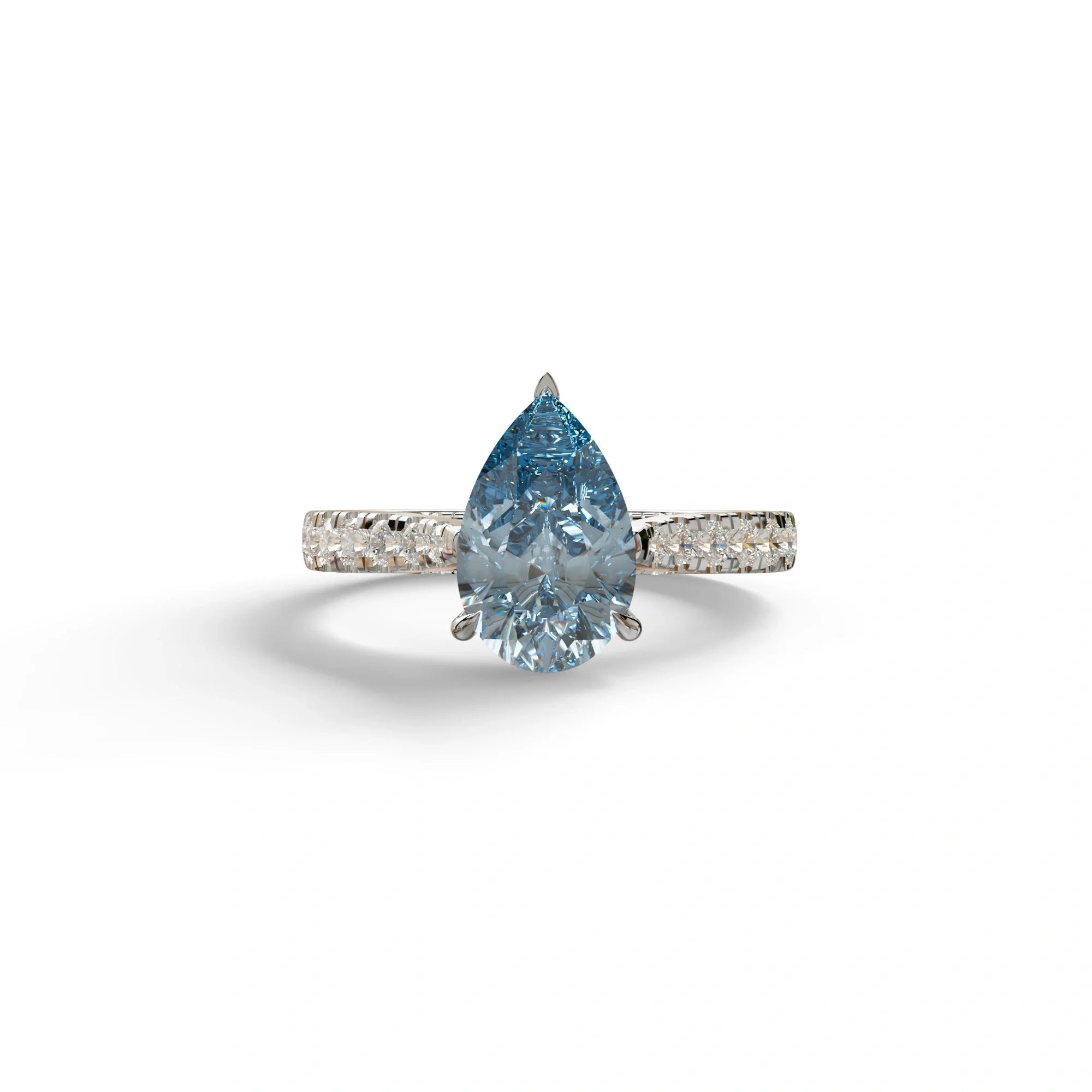 2 Carat Blue Pear Shaped Hidden Halo Lab Diamond Engagement Ring - Teardrop - 10K Solid Gold / White Gold