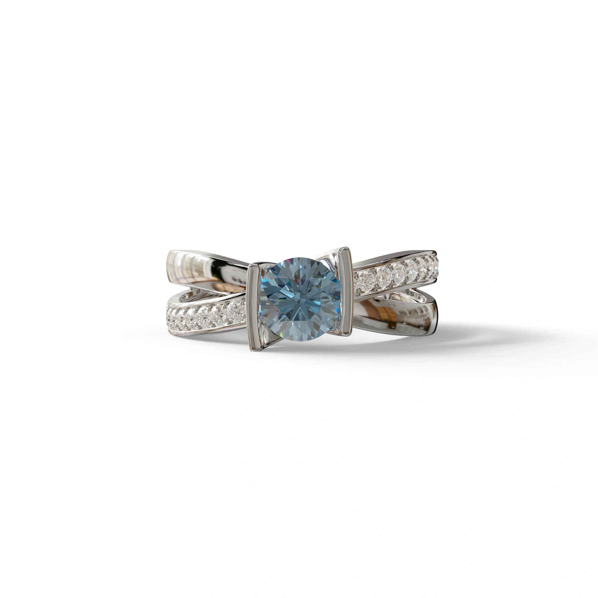 1 Carat Blue Round Cut Lab Diamond Crossover Ring Pave Setting - Lisa - 10K Solid Gold / White Gold