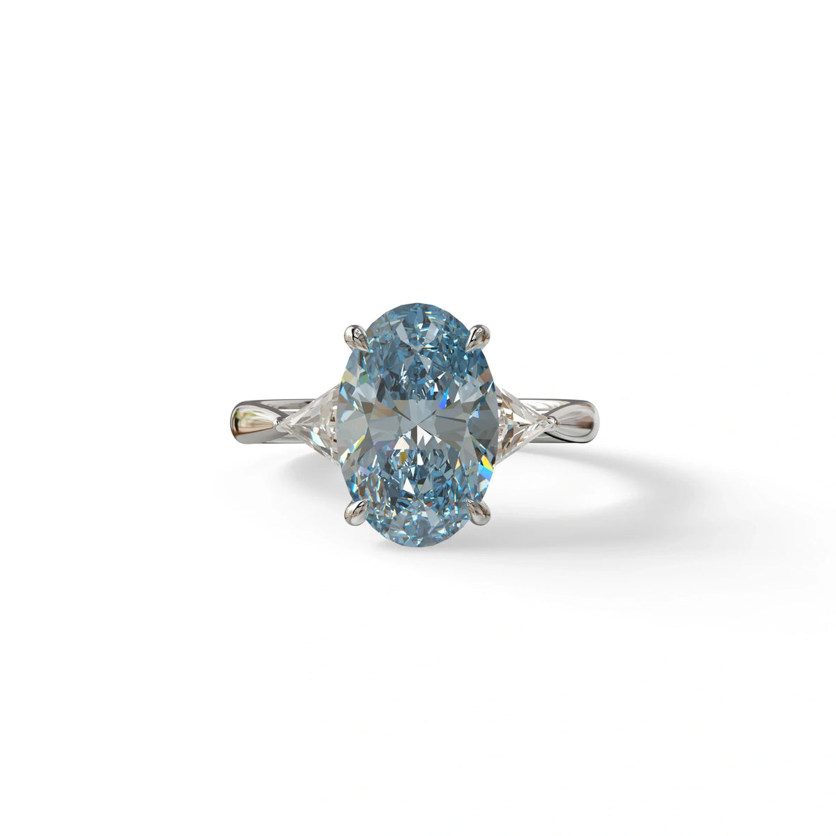 3Ct Blue Oval Cut Lab Grown Diamond Three Stone Engagement Ring - Myza - 10K Solid Gold / White Gold