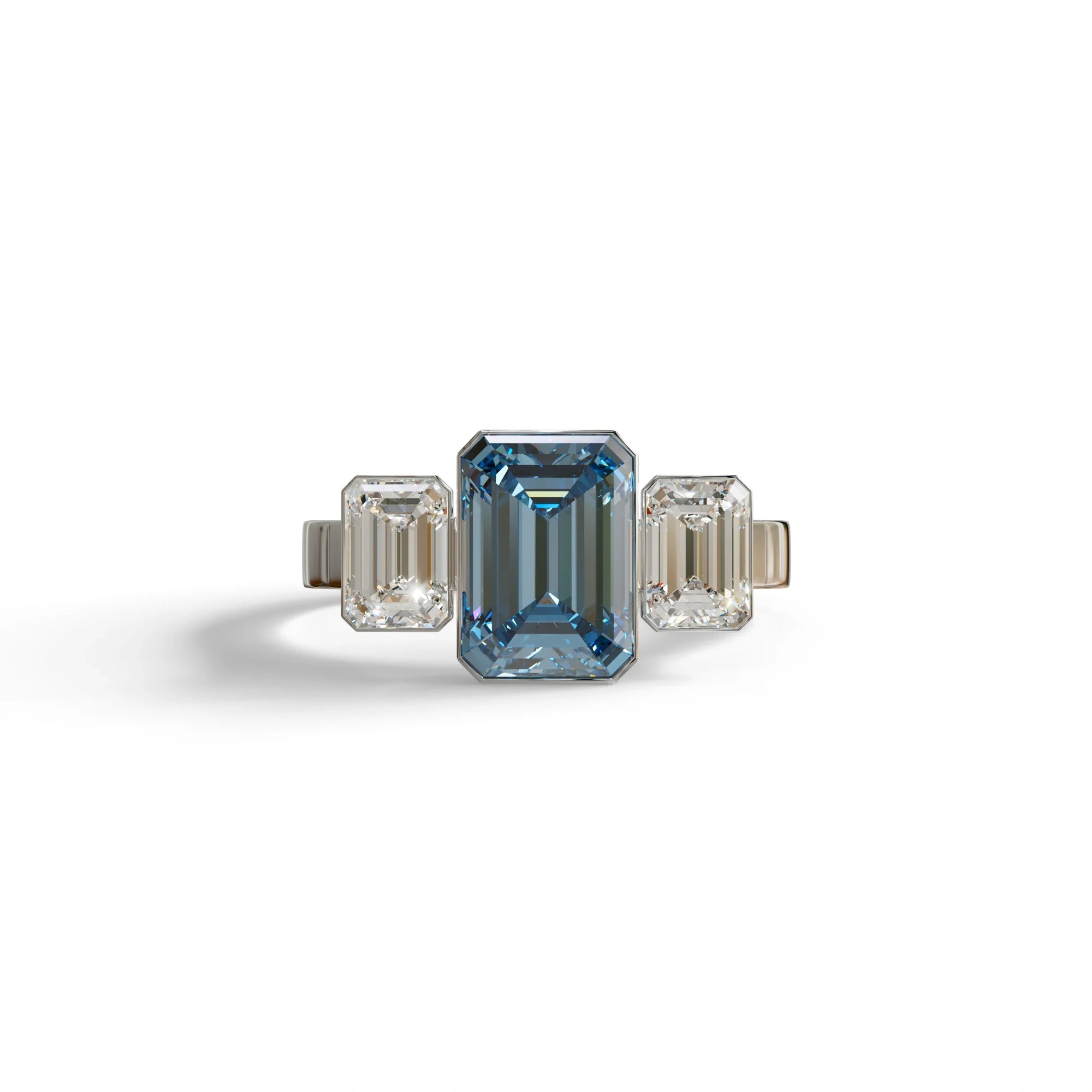 Three Stone 3 Carat Blue Lab Grown Diamond Engagement Ring - Elaris - 10K Solid Gold / White Gold