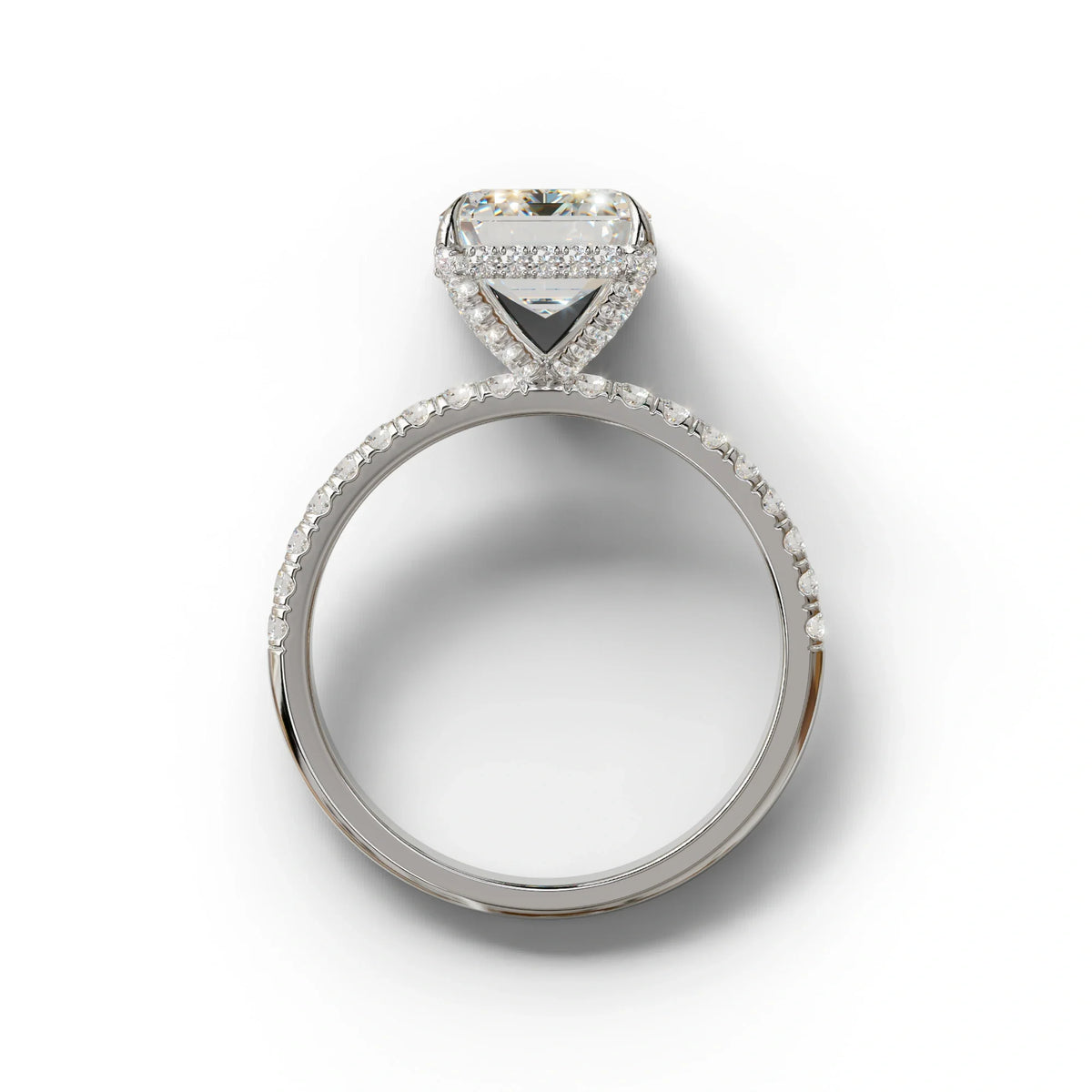 3 Carat E-VVS Emerald Cut Lab Diamond In Hidden Halo & Pave Setting Ring
