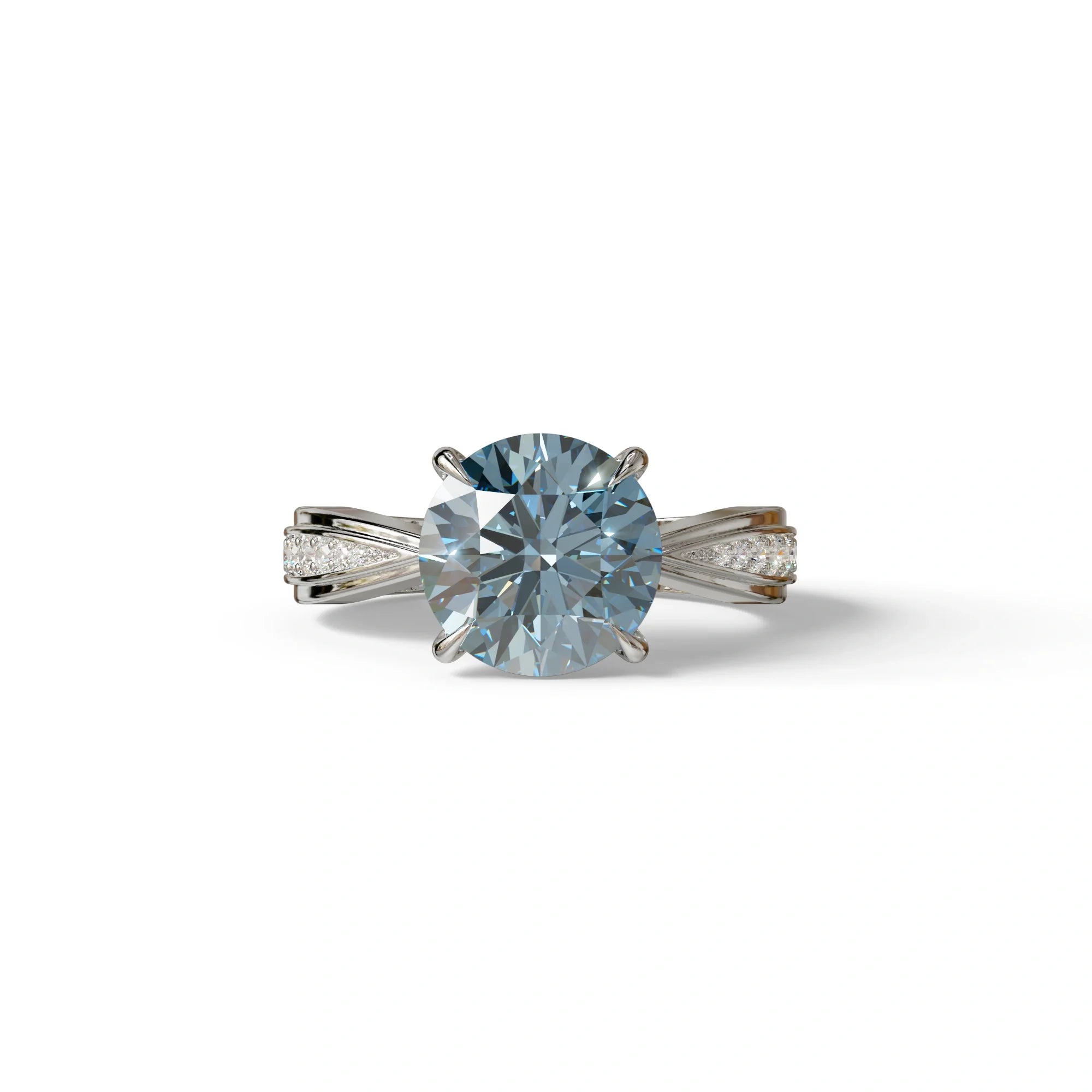 2.5 Carat Blue Round Shaped Lab Diamond Ring V-Shank Pave Setting -Je t’adore - 10K Solid Gold / White Gold