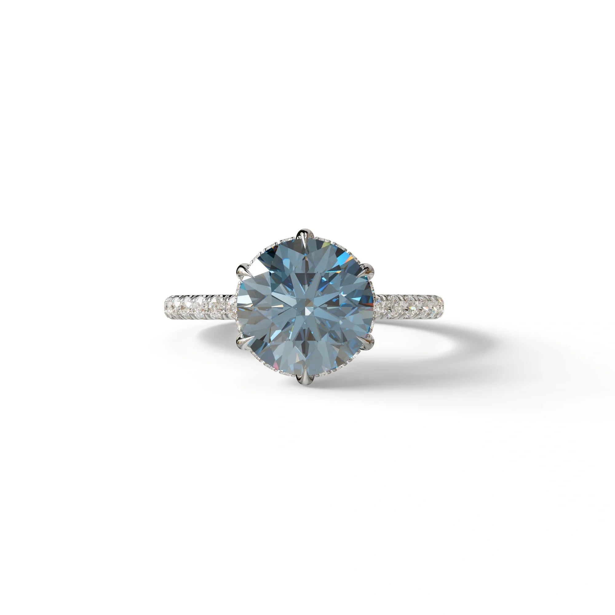 2.5 Carat Blue Round Cut Hidden Halo & Pave Lab Diamond Ring - Hyper Saga - 10K Solid Gold / White Gold