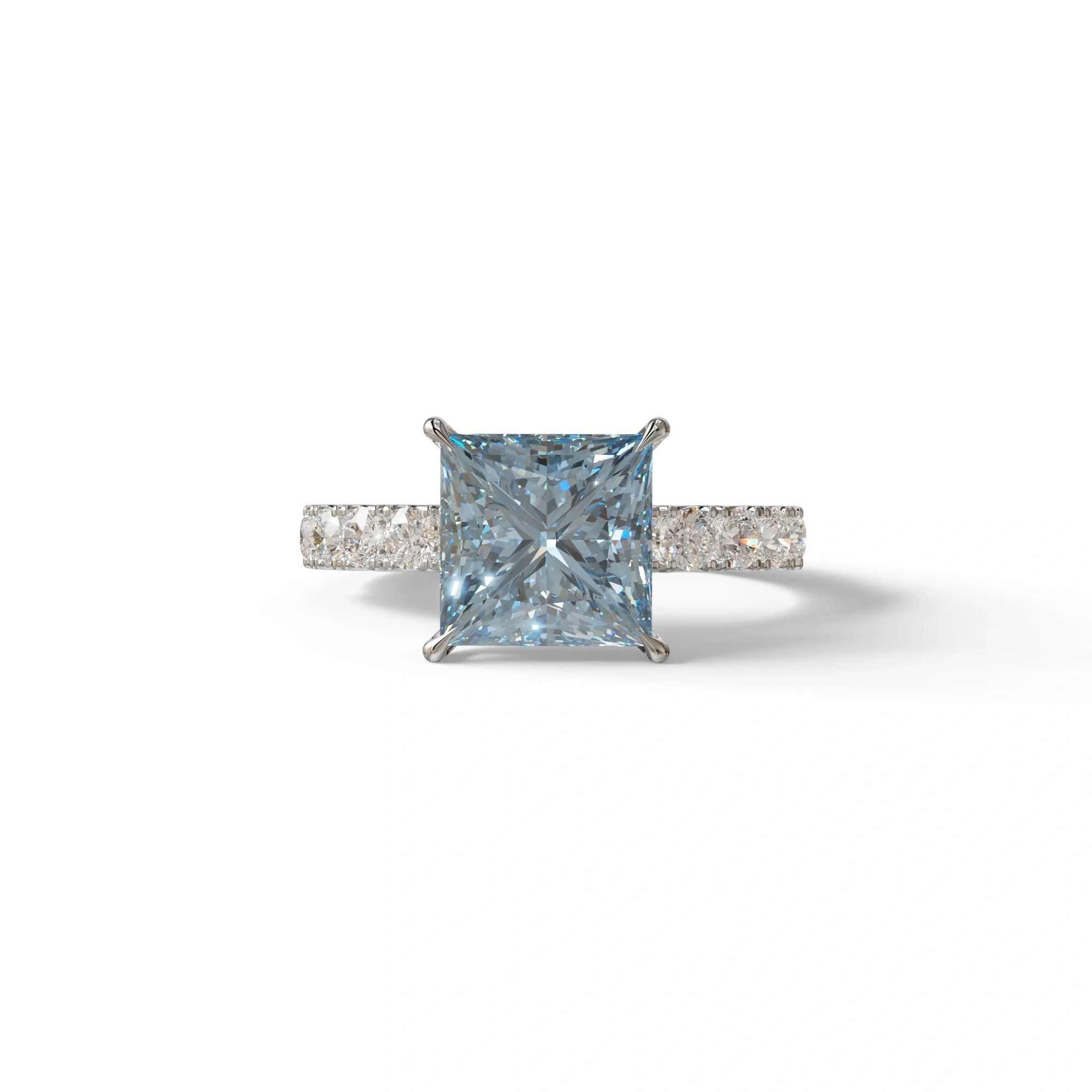 3 Carat Fancy Vivid Blue Princess Cut Pave Lab Created Diamond Ring - Elysia - 10K Solid Gold / White Gold