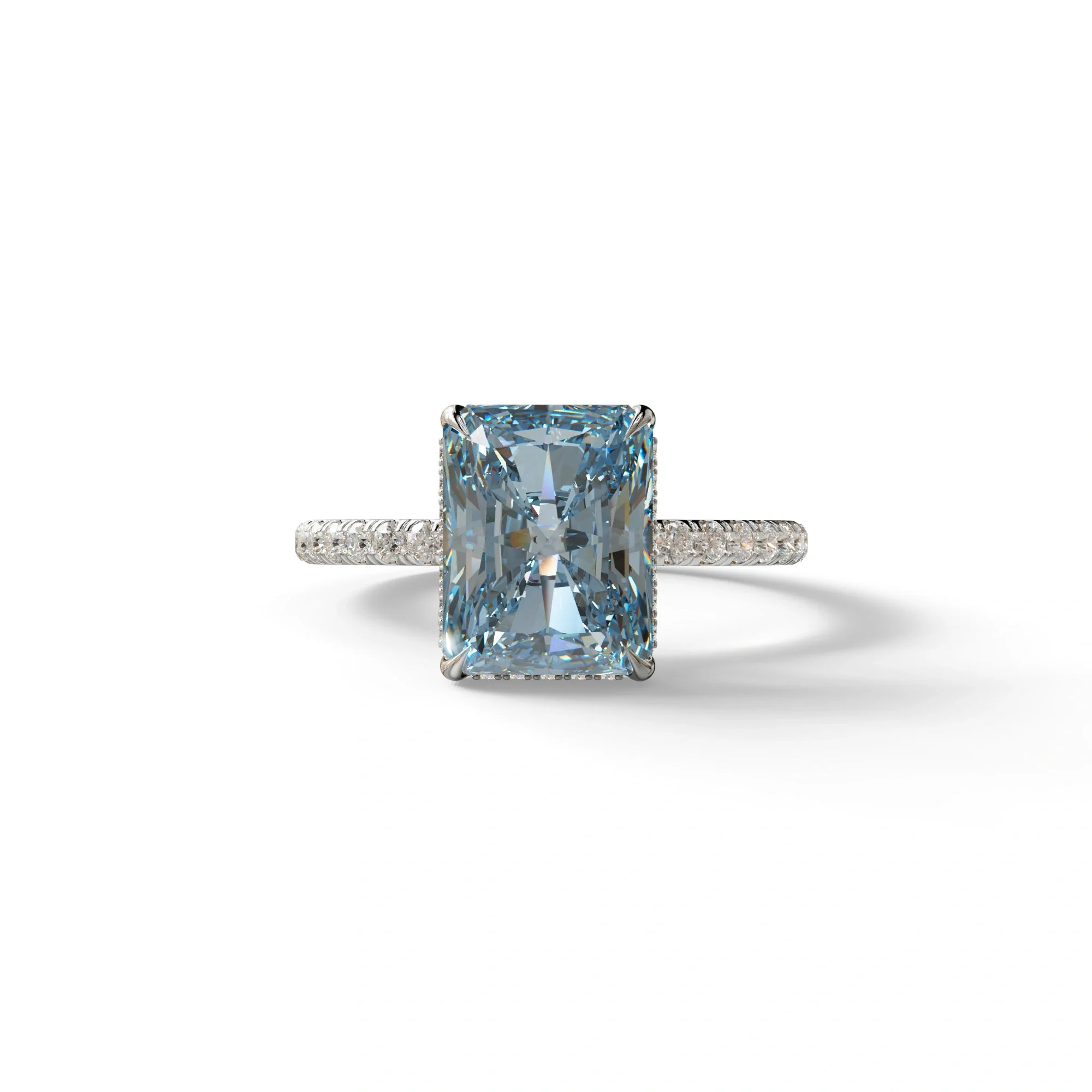 3 Ct Radiant Cut Blue Color Lab Diamond Ring - Monica - 10K Solid Gold / White Gold