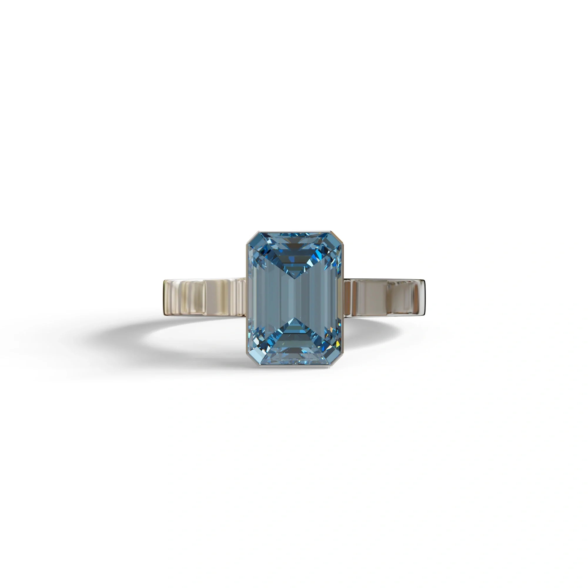 3 Carat Fancy Vivid Blue Emerald cut bezel Setting Ring - Zelora - 10K Solid Gold / White Gold