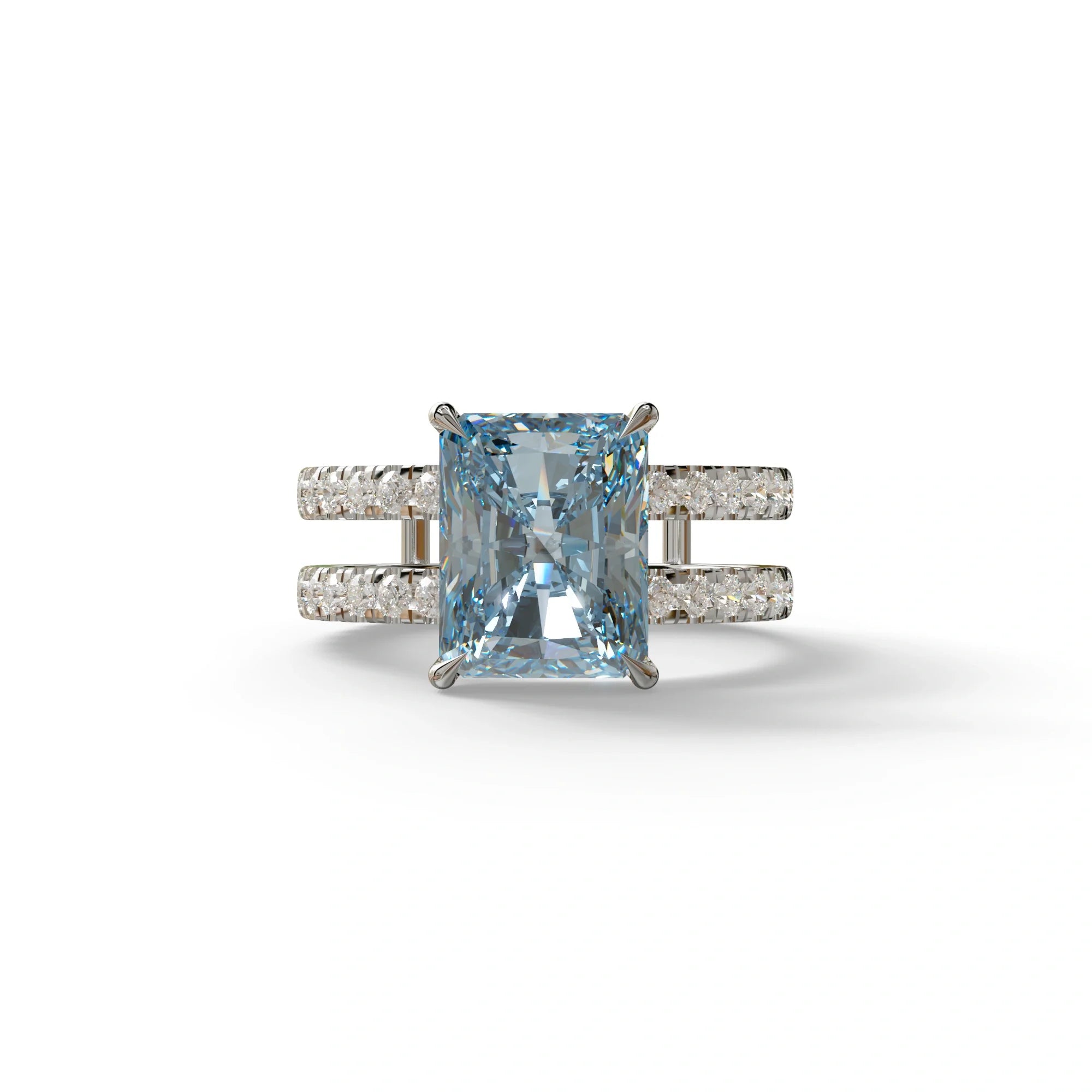 3 Carat Blue Radiant Cut Lab Diamond Engagement Ring | Double Band Hidden Halo Ring - Billie - 10K Solid Gold / White