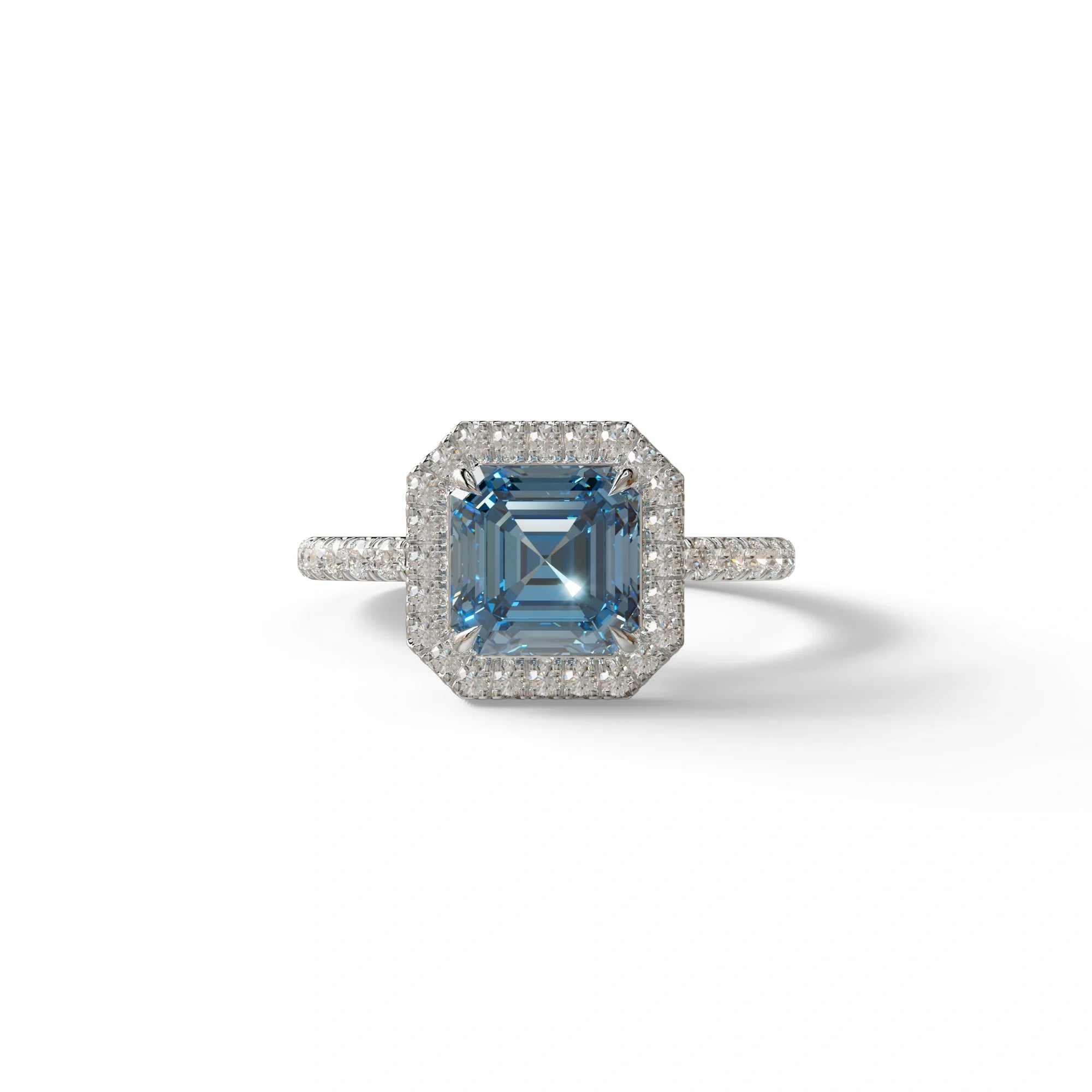 3.5 Ct Blue Asscher Cut Lab Diamond In Halo & Pave Setting Ring - Up Glam - 10K Solid Gold / White Gold