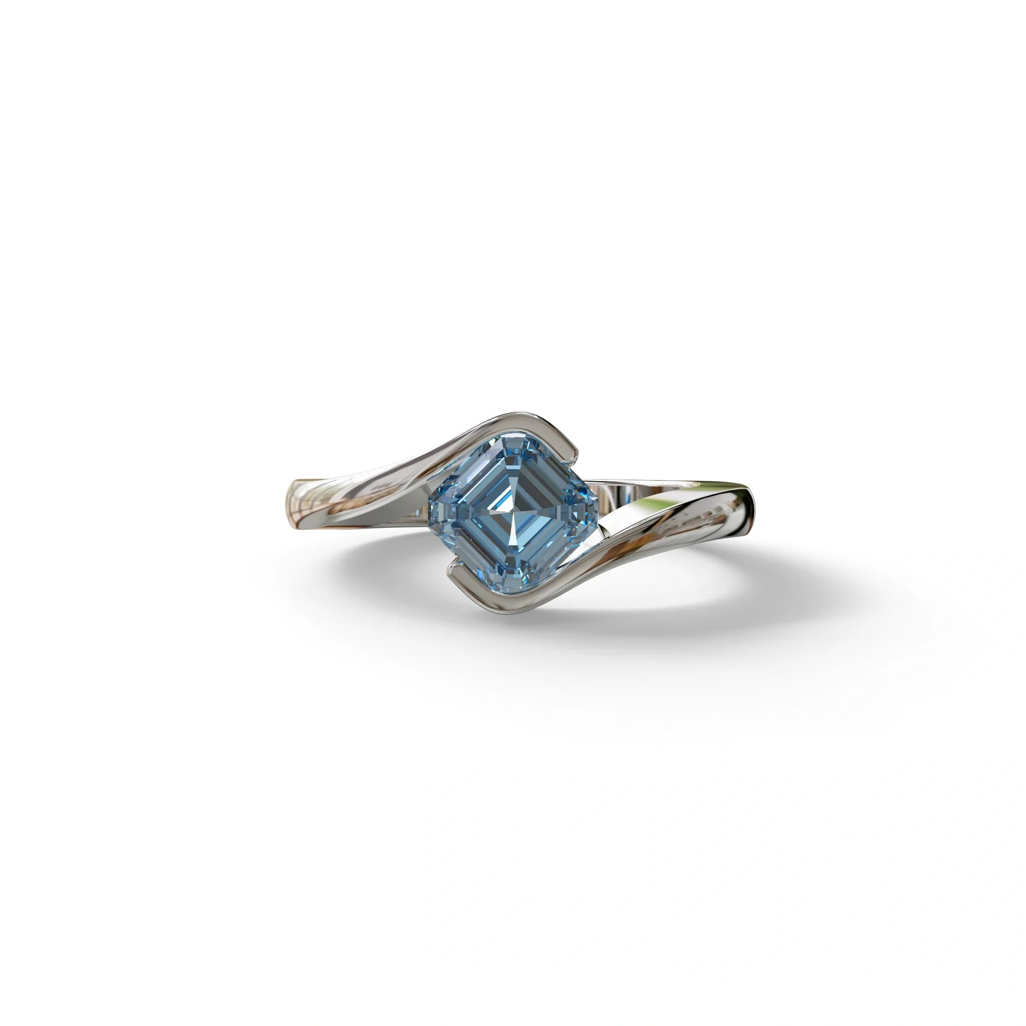 1.5 Carat Blue Asscher Cut Half Bezel Lab Grown Diamond Ring - Aquarius - 10K Solid Gold / White Gold