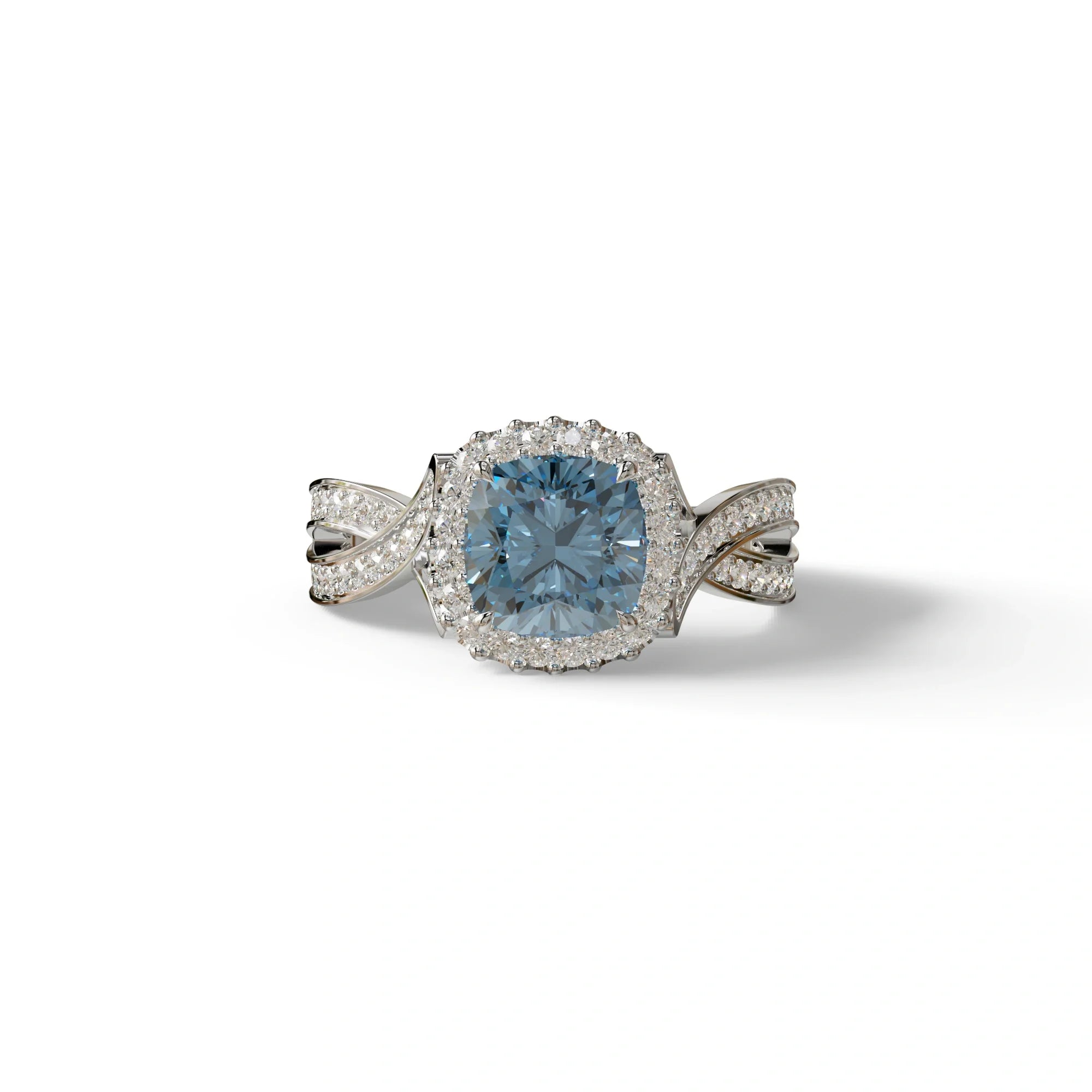 3 Carat Blue Cushion Cut Lab Grown Halo Diamond Engagement Ring - Odessa - 10K Solid Gold / White Gold