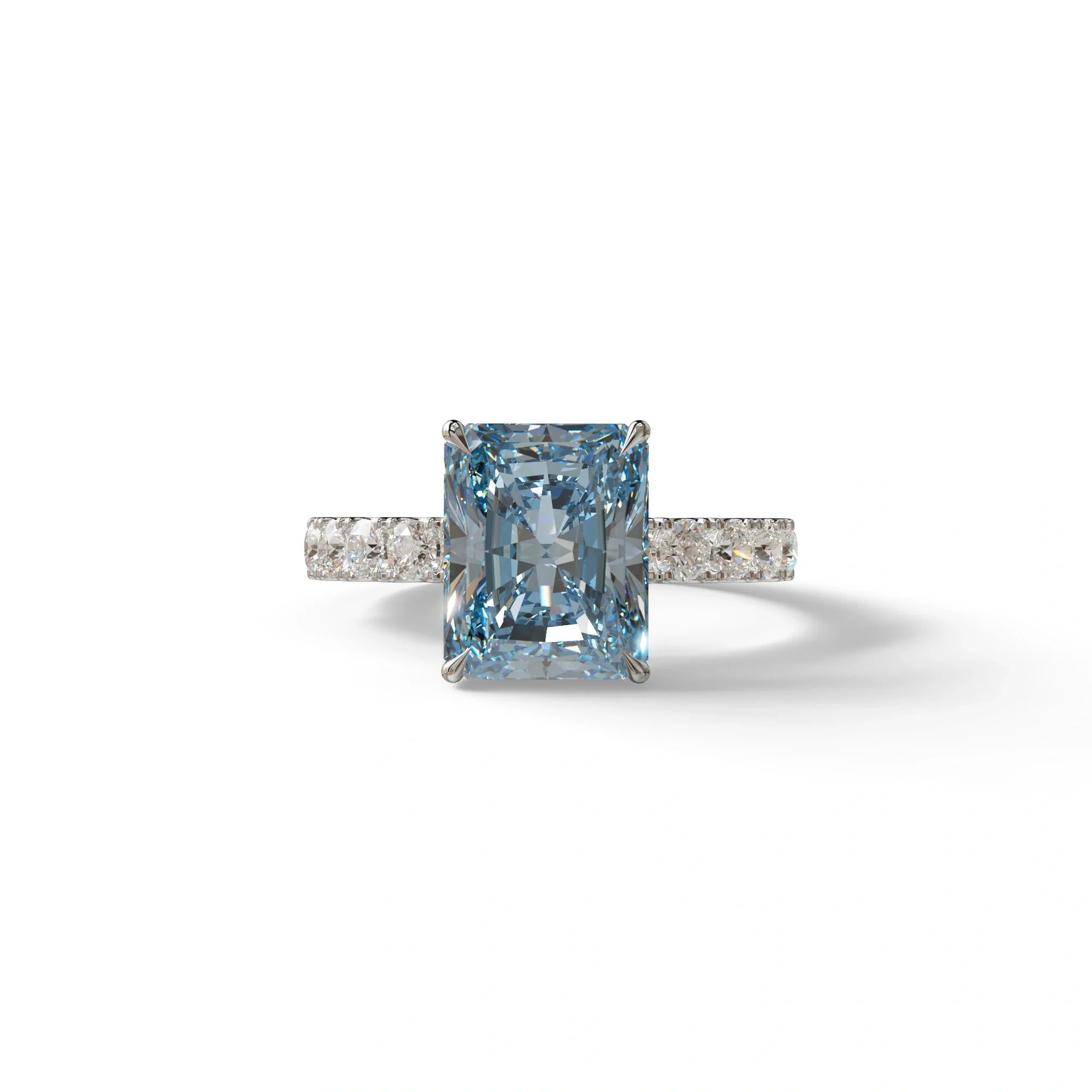 3 Carat Blue Radiant Cut Lab Diamond Engagement Ring - Lace Bridge - 10K Solid Gold / White Gold
