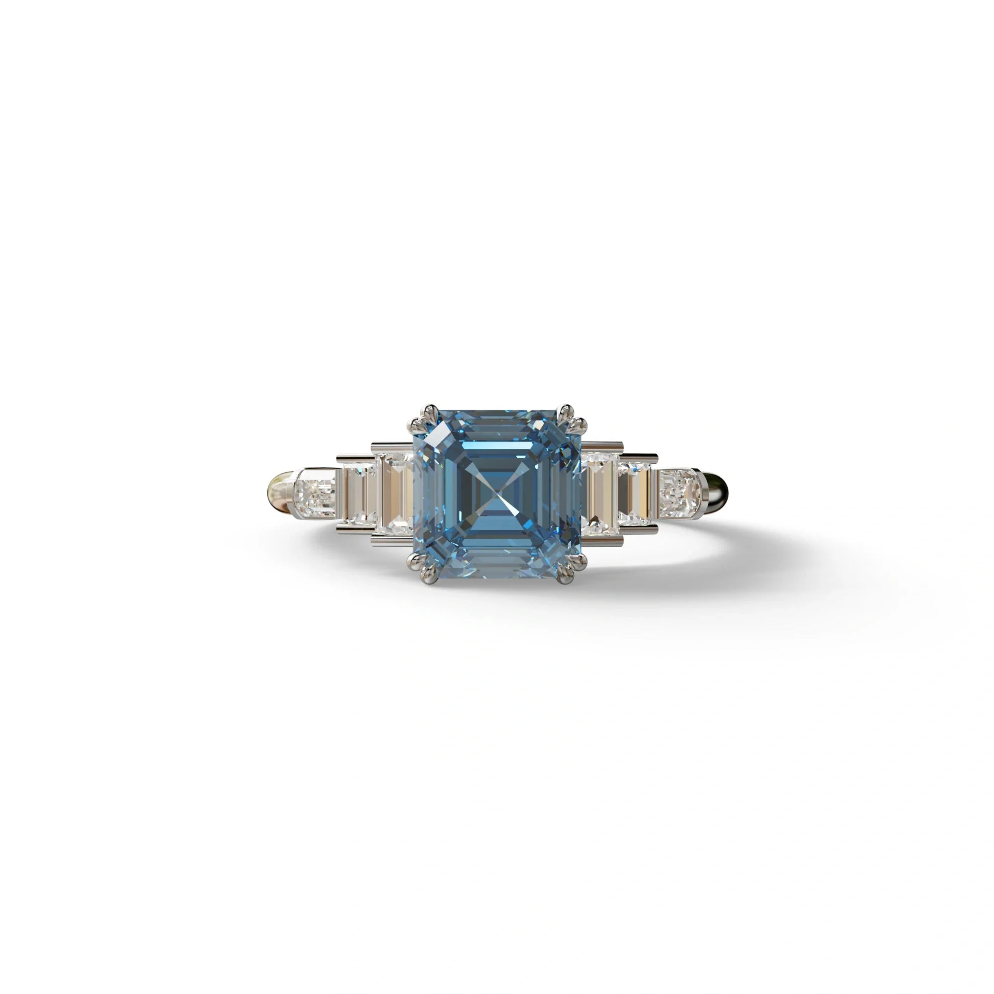 3 Carat Fancy Vivid Blue Asscher Three Stone Lab grown Diamond Ring - Vetra - 10K Solid Gold / White Gold