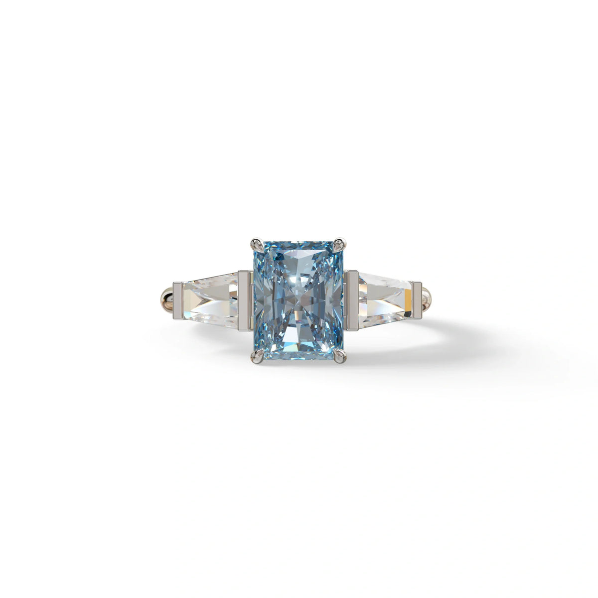 3Ct Vivid Blue Radiant Cut Lab Grown Diamond Three Stone Engagement Ring - Yana - 10K Solid Gold / White Gold