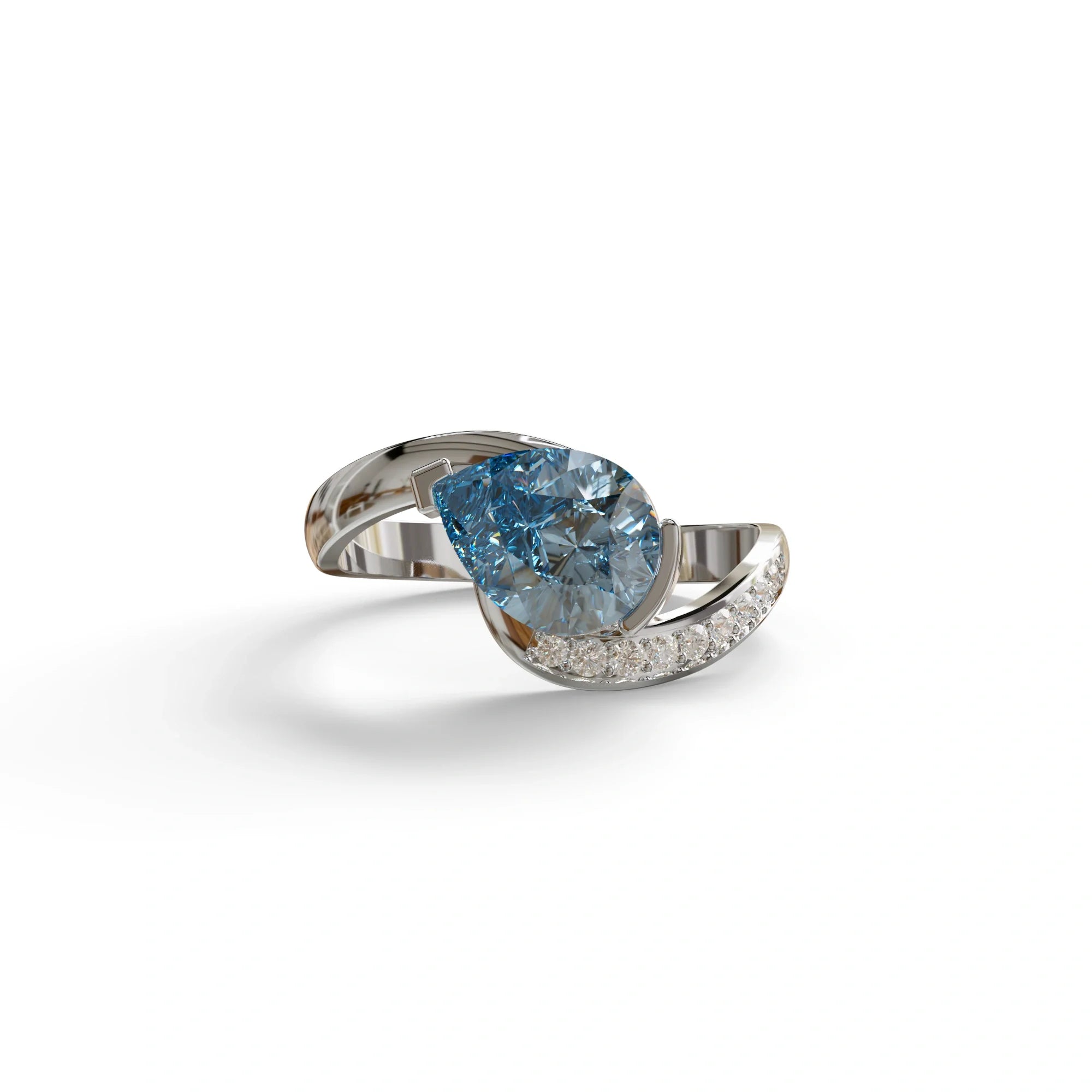 1 Carat Blue Pear Cut Unique Lab Grown Diamond Ring - Capricorn - 10K Solid Gold / White Gold