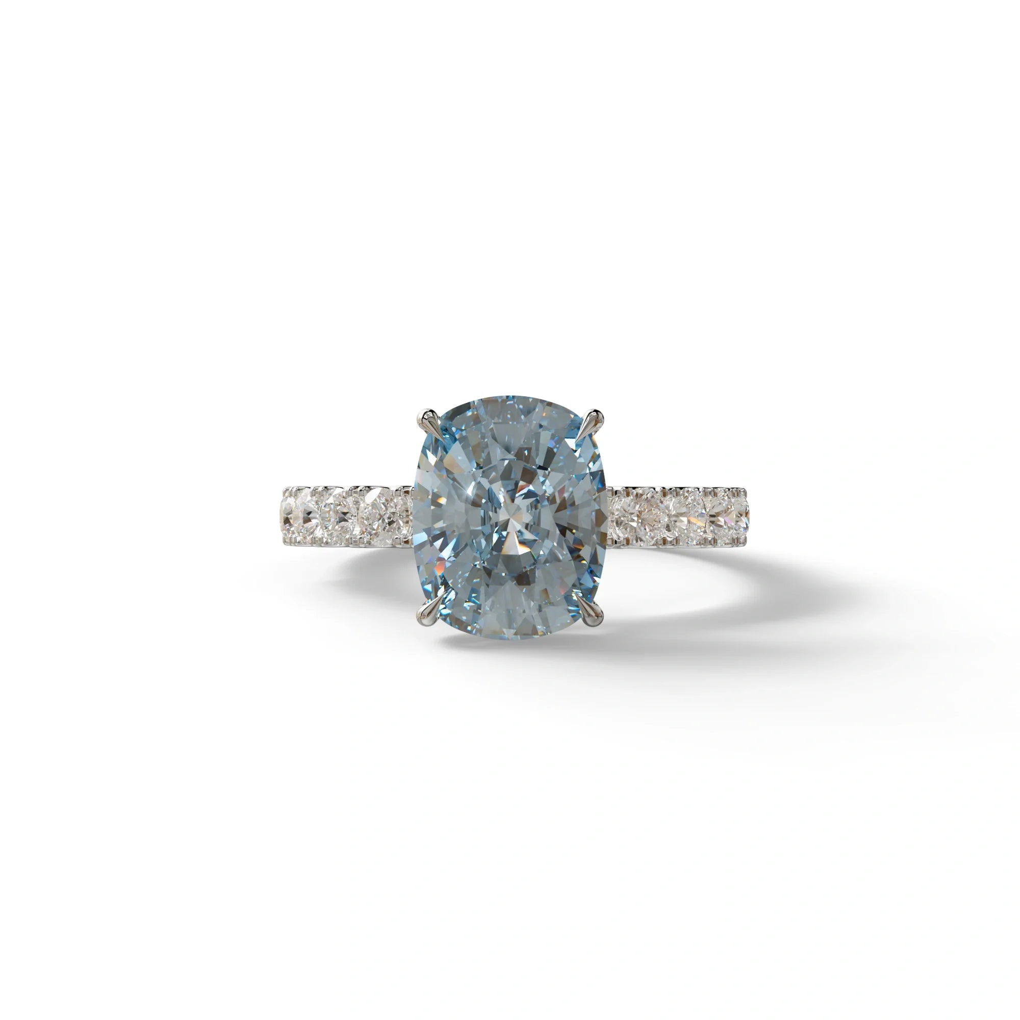 4 Carat Blue Cushion Cut Hidden Halo Eternity Lab Diamond Engagement Ring - Sandrine - 10K Solid Gold / White Gold