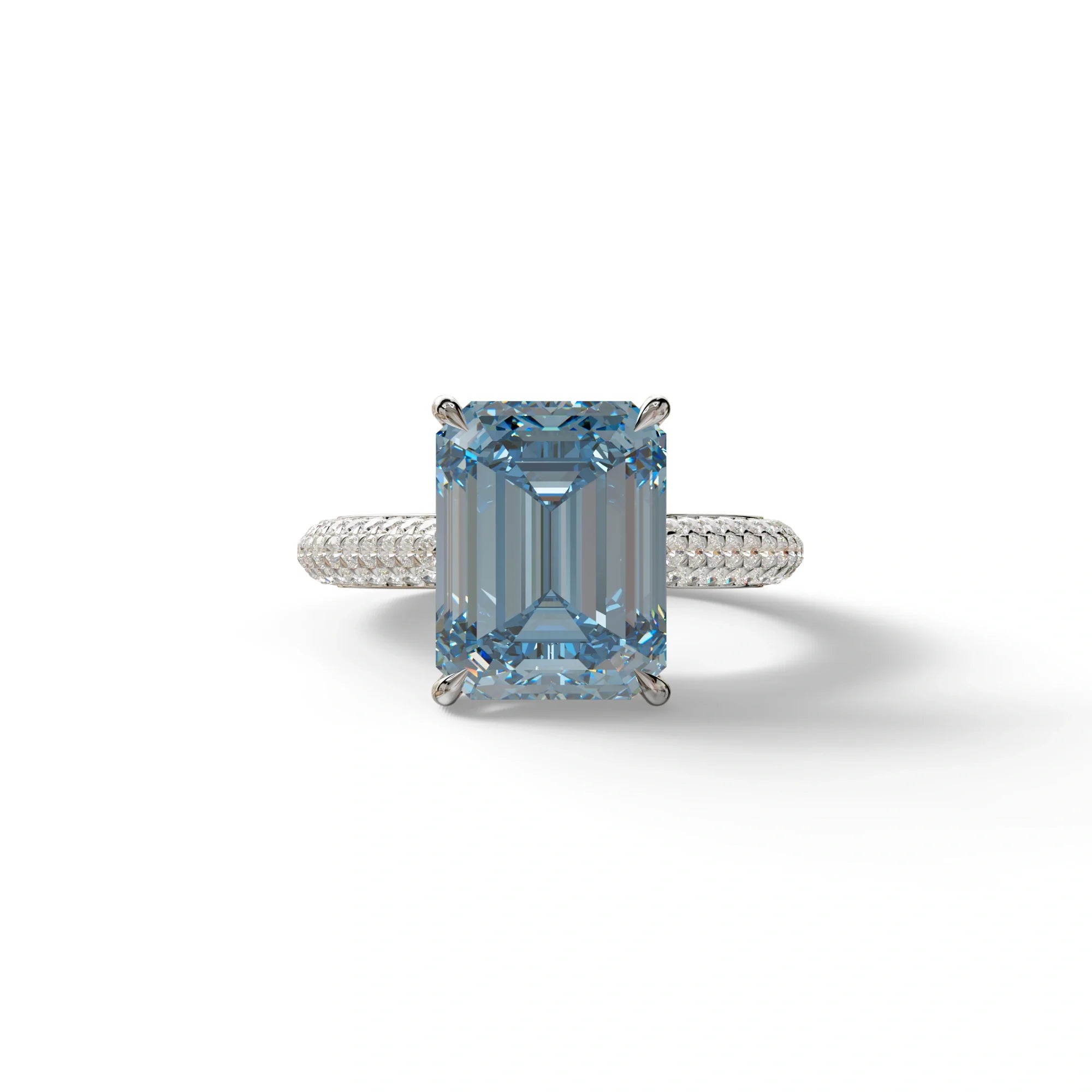 3 Carat Blue Emerald Cut Hidden Halo & Pave Set Lab Diamond Ring - Emme - 10K Solid Gold / White Gold