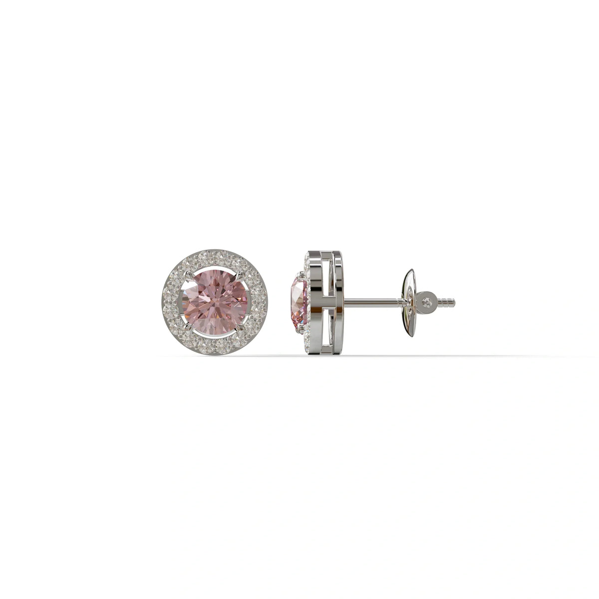Ciera - Pink Color Round Diamond Stud Earrings | Halo Setting | Certified