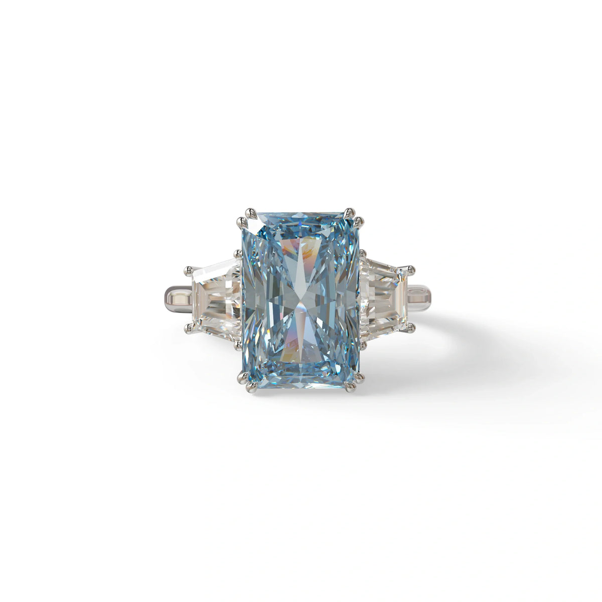 4 Carat Blue Lab Grown Diamond Engagement Ring – Radiant Cut Three Stone | Tacor