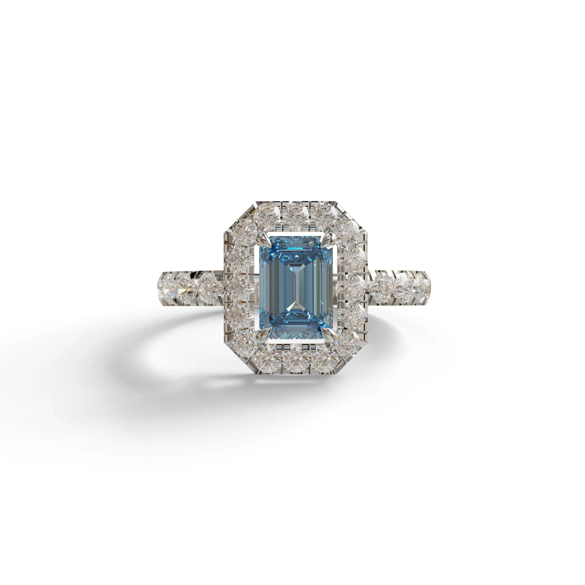 1 Carat Fancy Vivid Blue Emerald Cut Lab Diamond Halo Engagement Ring - Freesia - 10K Solid Gold / White Gold