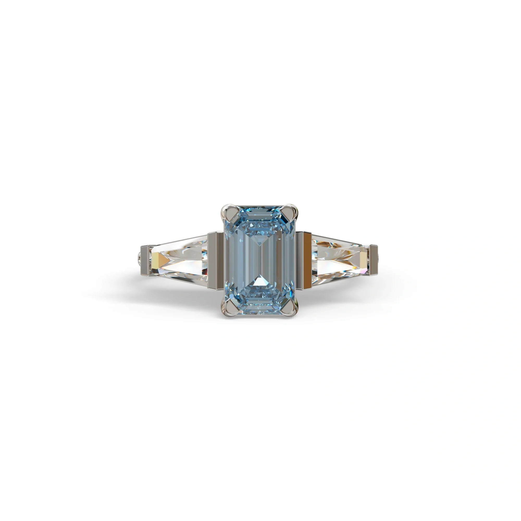 1.50 Carat Blue Emerald with Tapered Cut Lab Grown Diamond Ring - Libra - 10K Solid Gold / White Gold