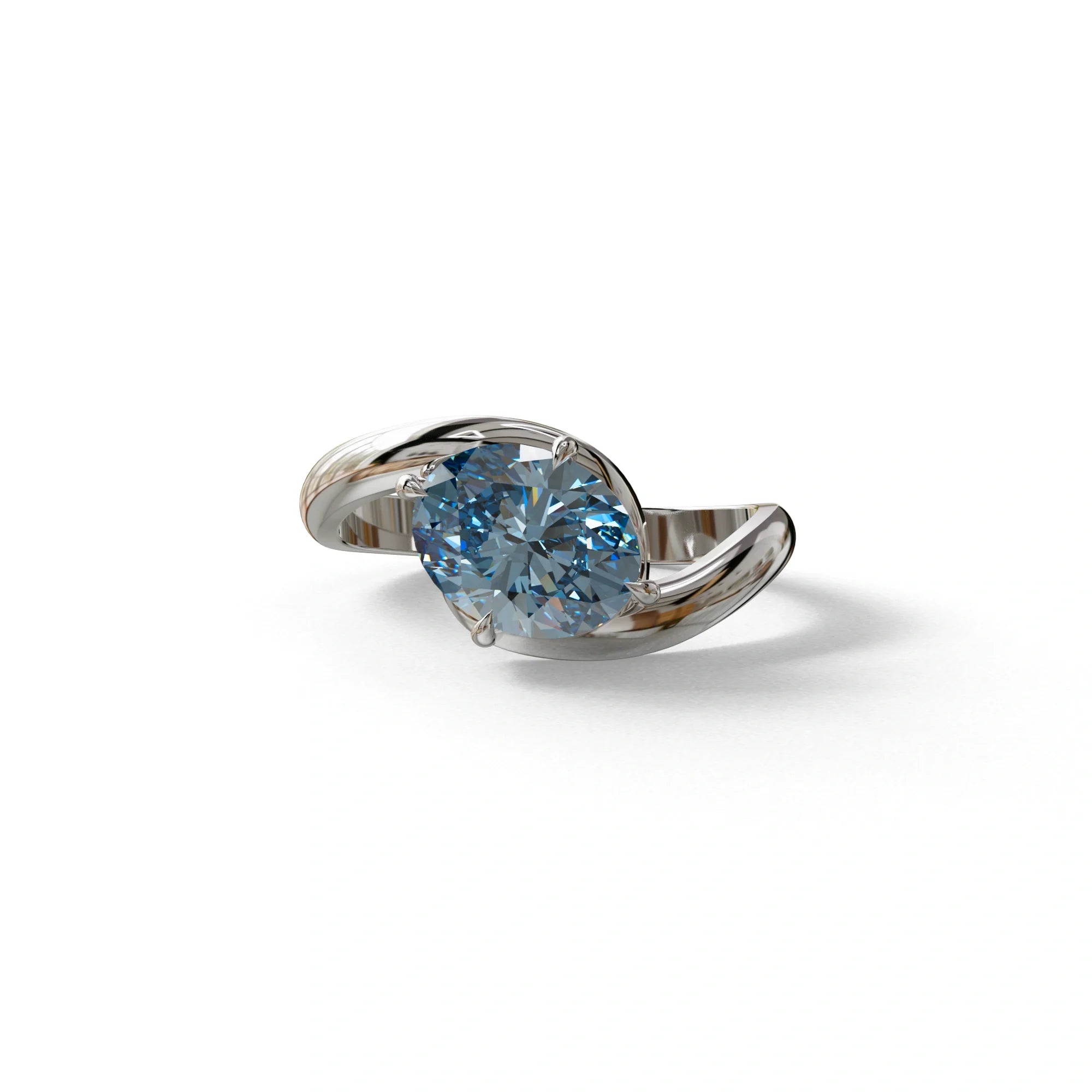 2 Carat Fancy Vivid Blue Oval Cut Lab Diamond Ring - Estella - 10K Solid Gold / White Gold