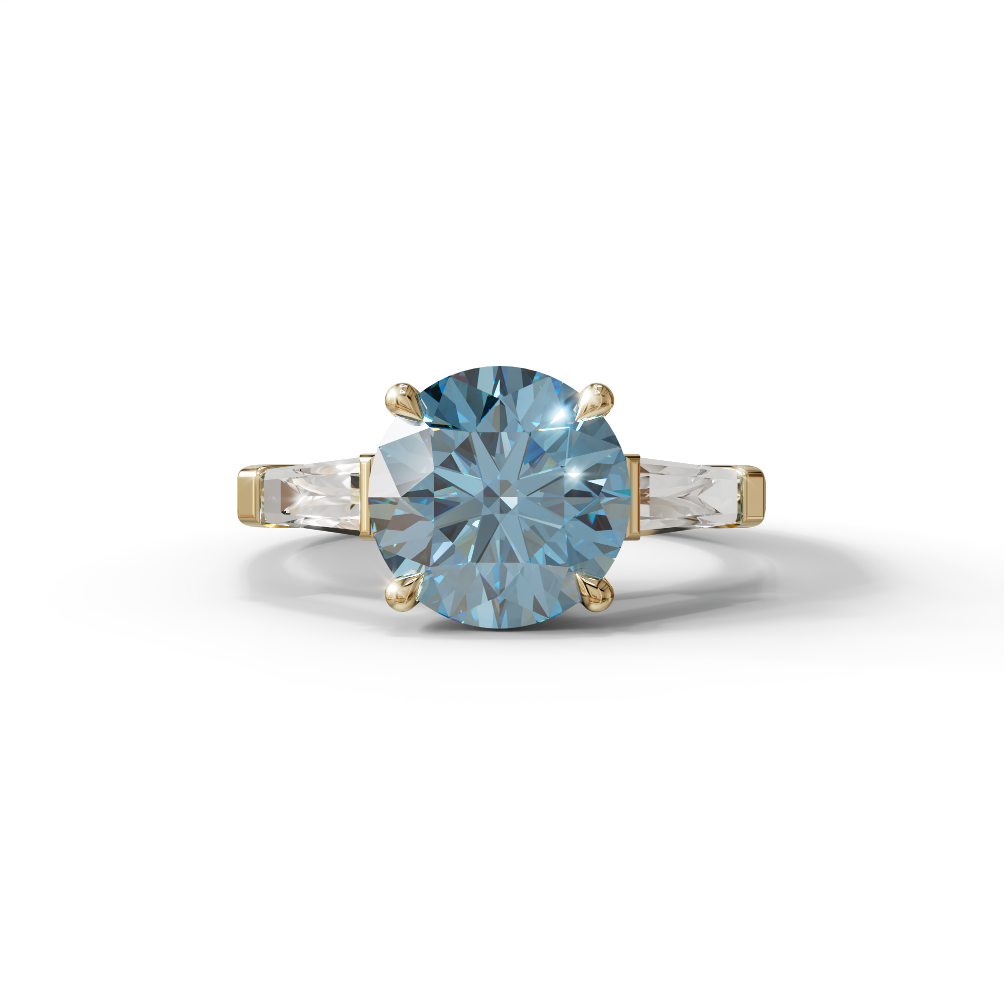 3 Carat Blue Round & Tapered Cut Multi Stone Lab Diamond Ring - Reflection - 10K Solid Gold / Yellow Gold